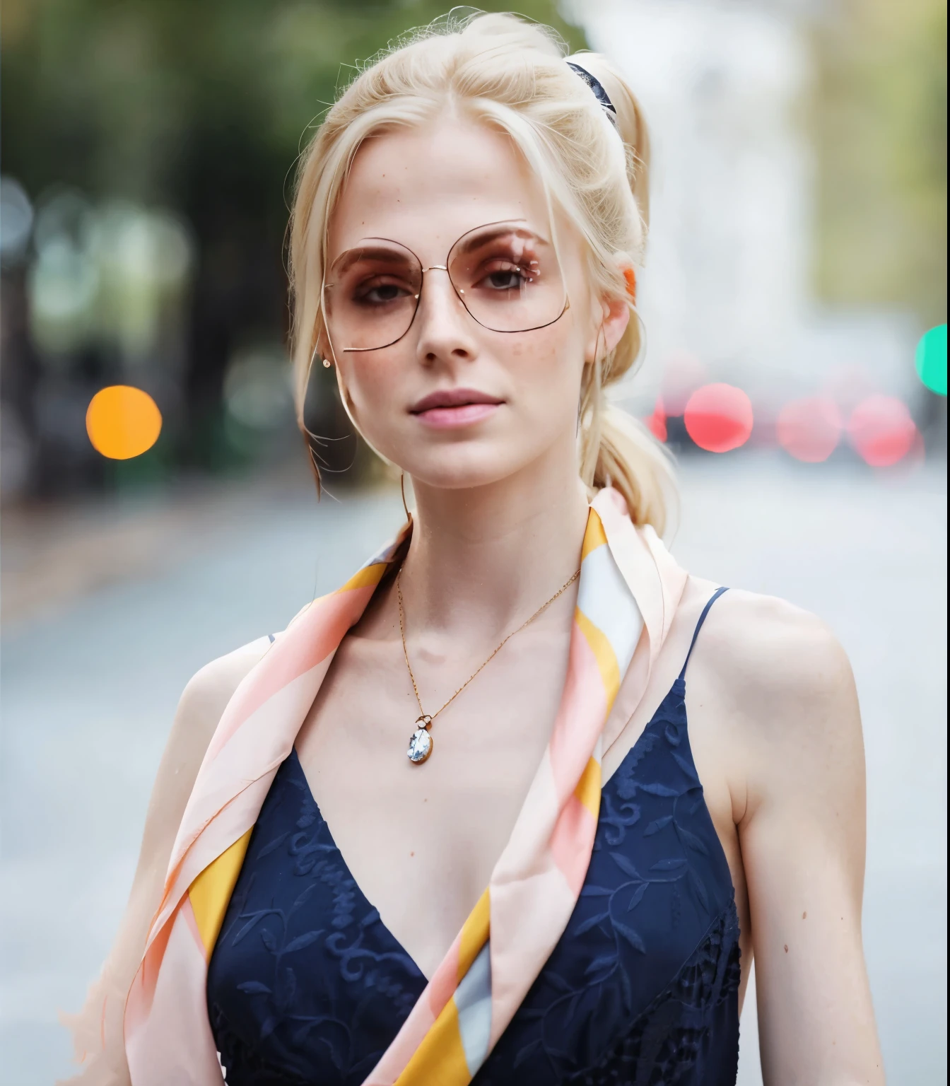 mulher, americana, 25 anos, pale skin and freckles, olhos cinzas, nariz delicado, soft and delicate lips, longo, cabelo blondie ponytail , sorriso meigo, face with delicate feminine facial features, altamente renderizado