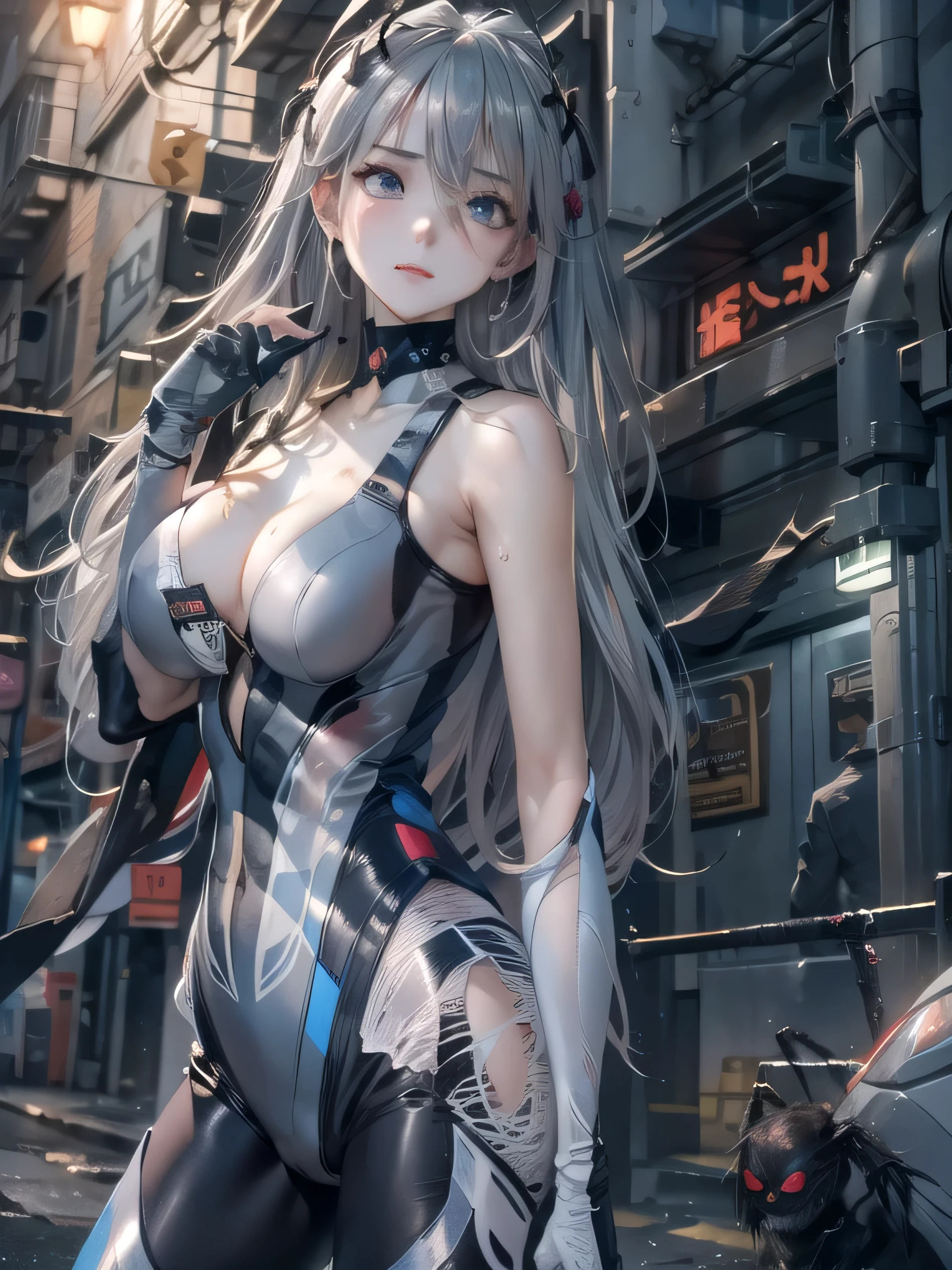 (photorealistic:1.8, highest quality:1.8,8K masterpiece:1.8,High resolution,muste piece:1.8,RAW Photos,cinematic lighting),No split screen, cyber punk、Back alley of the city at night、rain-soaked ground、vapor、
(1 android girl:1.3)、Completely naked、choker、beautiful breasts、
spider girl、(Soryu Asuka Langley)、
(Beautiful face in every detail:1.3)(High leg black spider tight suit:1.7)((Moderate chest:1.3)、Arachne tattoo on chest、Arachne:1.2) (look back、squat、raise your hand:1.2)(body fluids attached to the body:1.4)、spiderweb、The white body contains Arachne threads.。（elation：1.4）、plump nipples、Nipples are visible through the costume,cameltoe,
(Beautiful shining blue-white-gray hair:1.5)、Wistful