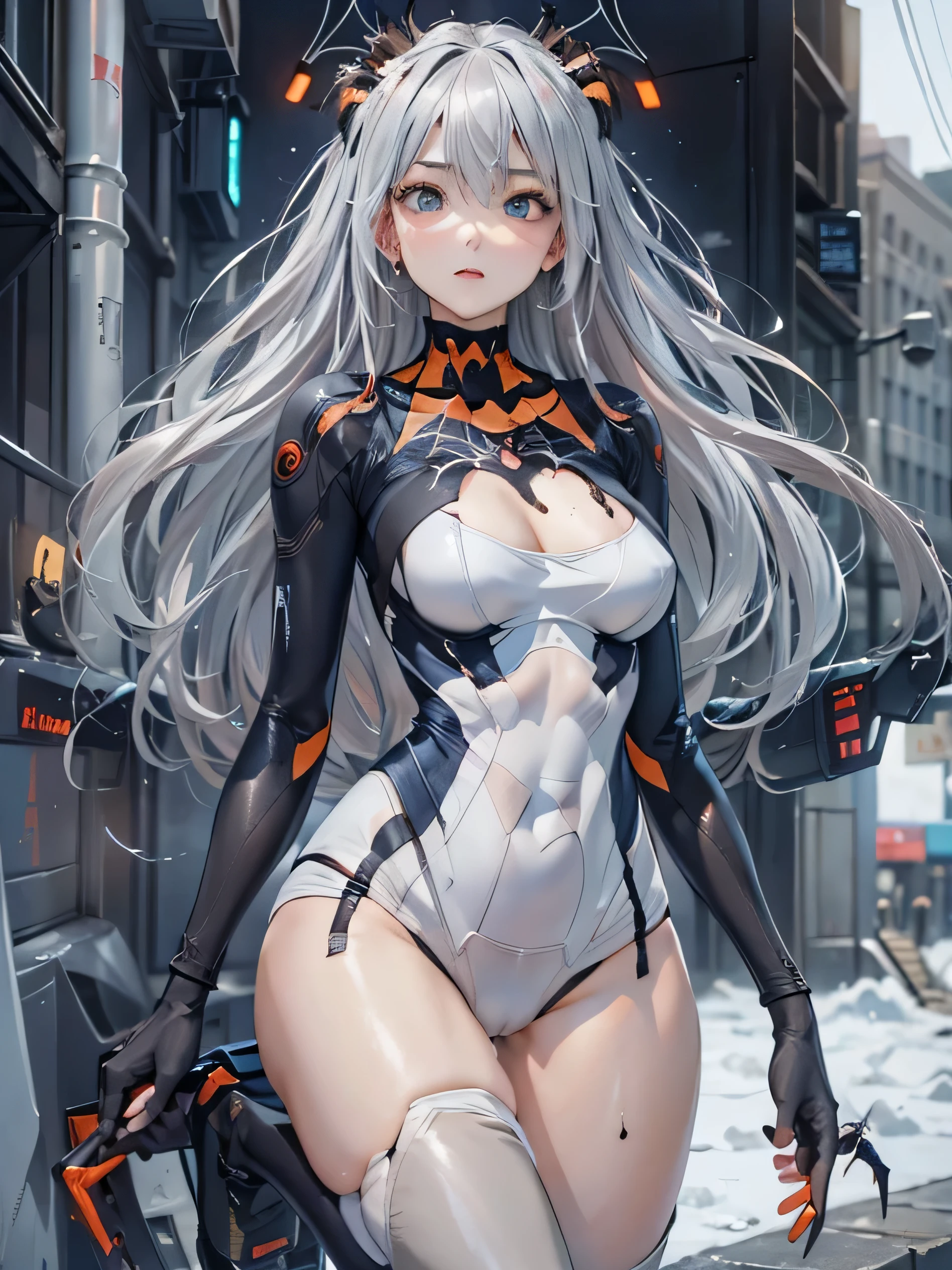 (photorealistic:1.8, highest quality:1.8,8K masterpiece:1.8,High resolution,muste piece:1.8,RAW Photos,cinematic lighting),No split screen, cyber punk、Back alley of the city at night、rain-soaked ground、vapor、
(1 android girl:1.3)、Completely naked、choker、beautiful breasts、
spider girl、(Soryu Asuka Langley)、
(Beautiful face in every detail:1.3)(High leg black spider tight suit:1.7)((Moderate chest:1.3)、Arachne tattoo on chest、Arachne:1.2) (look back、squat、raise your hand:1.2)(body fluids attached to the body:1.4)、spiderweb、The white body contains Arachne threads.。（elation：1.4）、plump nipples、Nipples are visible through the costume,cameltoe,
(Beautiful shining blue-white-gray hair:1.5)、Wistful