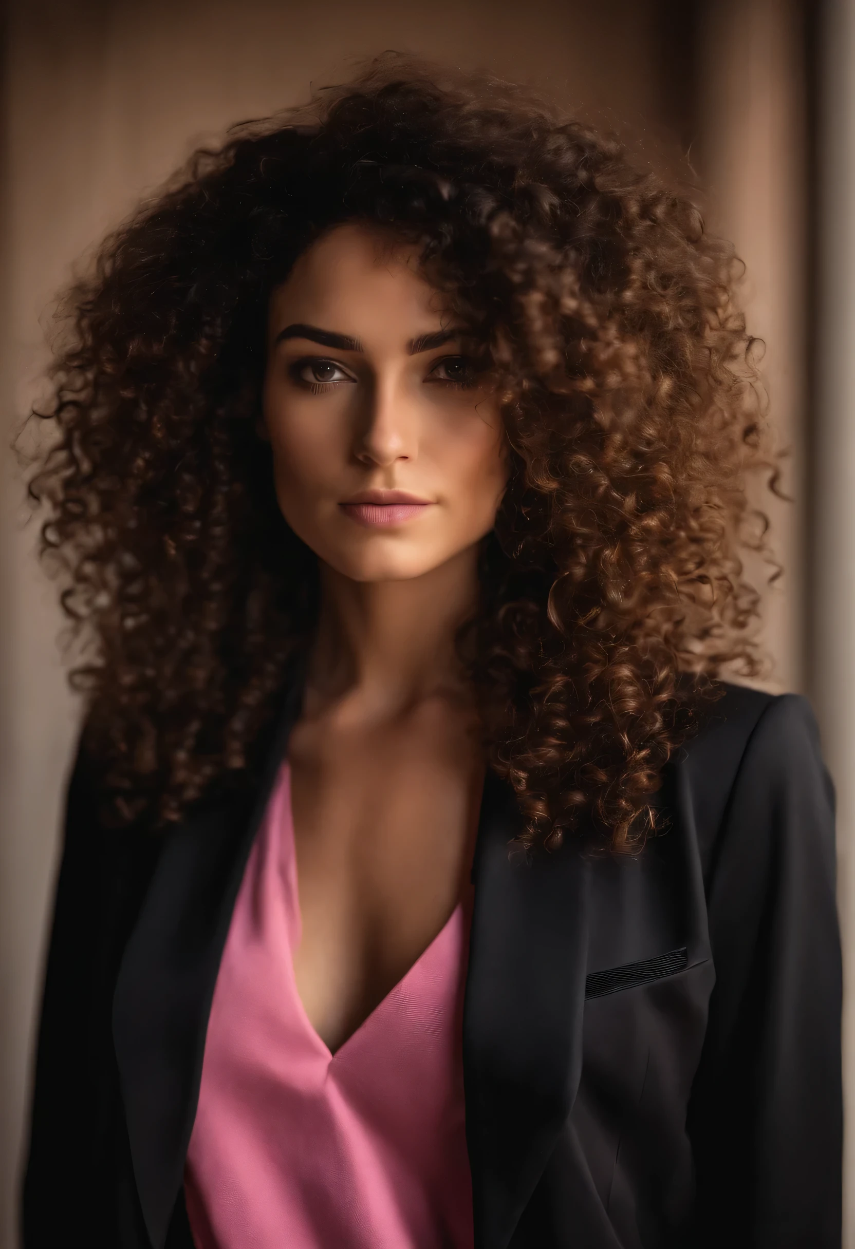 Photographer with brown and curly hair, camiseta preta e blazer rosa, Black pants and accessory for your camera