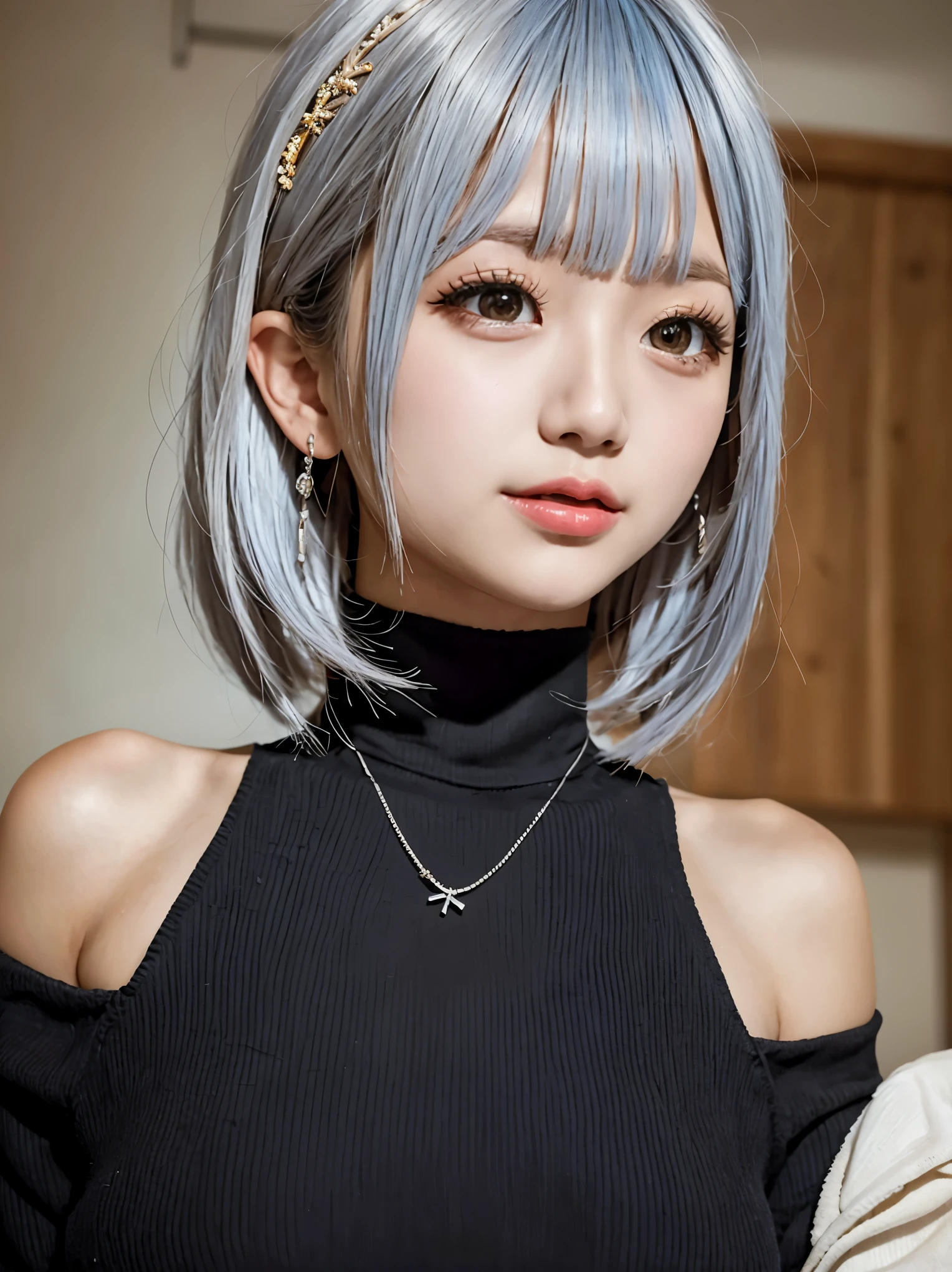 Realistic, masterpiece, highest quality, highest resolution, A portrait depicting only the upper body of a Japanese woman, He looks happy and smiles with his mouth slightly open., slightly turned to the side, definitely looking at the audience, beautiful detailed eyes, black eyes, thin eyebrows, Carefully draw eyelashes, natural makeup, brown eyeliner, light orange cheek, light colored lipstick, short hair, Silver hair with blue tips, detailed face, Simple design black turtleneck sweater, simple design silver earrings, Silver necklace with a tiny crescent moon charm