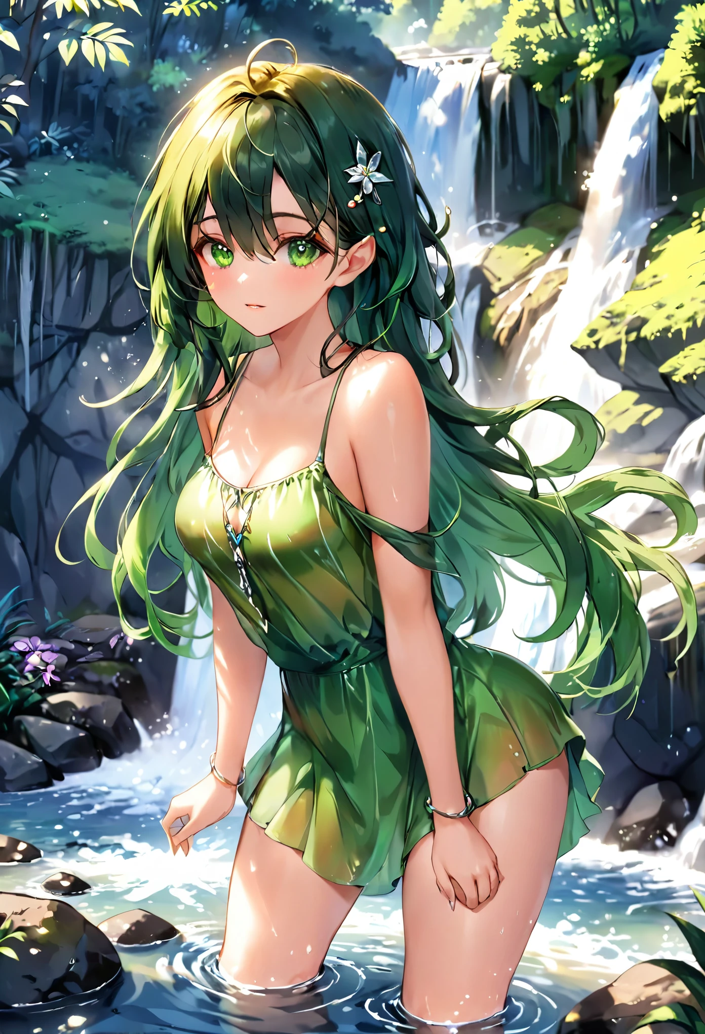 (panoramic, low angle style), (pov, dynamic pose), (solo:2, 15 yo), (detailed beautiful ponytail green hair long hair) (best cute girl) (beautiful sexy yellow eyes) (love smile), in a pink summer one piece dress, break, in the Hiji Falls, background immensely beautiful biggest A vast waterfall, BREAK, 16K, masterpiece, best quality, beautiful detailed waterfall.