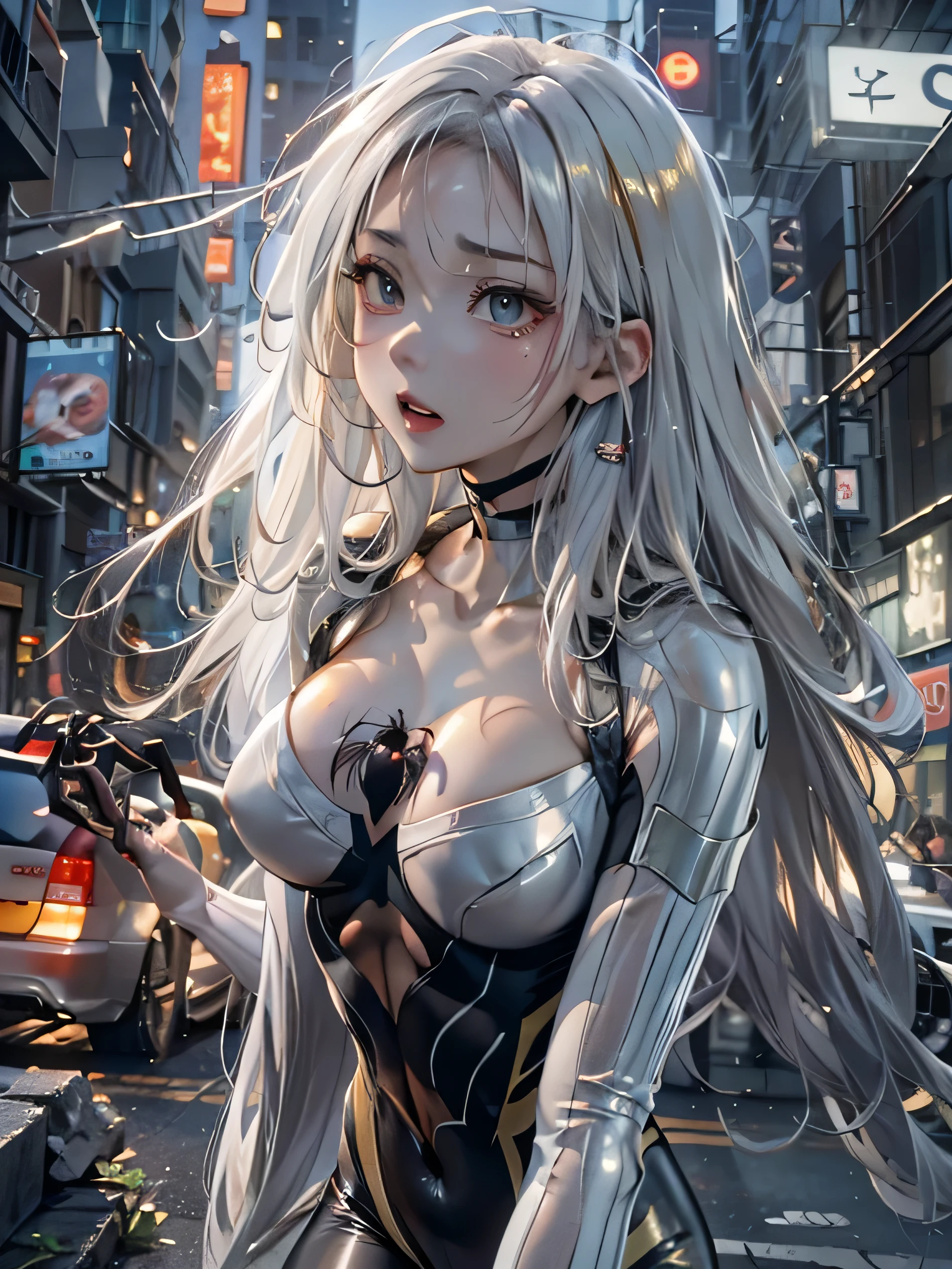 (photorealistic:1.8, highest quality:1.8,8K masterpiece:1.8,High resolution,muste piece:1.8,RAW Photos,cinematic lighting),No split screen, cyber punk、Back alley of the city at night、rain-soaked ground、vapor、
(1 android girl:1.3)、Completely naked、choker、beautiful breasts、Professional Wrestling Masks、spider girl、(Soryu Asuka Langley)、
(High leg black spider tight suit:1.7)、((Moderate chest:1.3)、Arachne tattoo on chest、Arachne:1.2)、
(look back、squat、raise your hand:1.2)、(Body fluid adhesion:1.4)、spiderweb、The white body contains Arachne threads.、plump nipples、Nipples are visible through the costume,cameltoe,
(Beautiful, shining pale-white, gray-gold hair:1.5)、Wistful