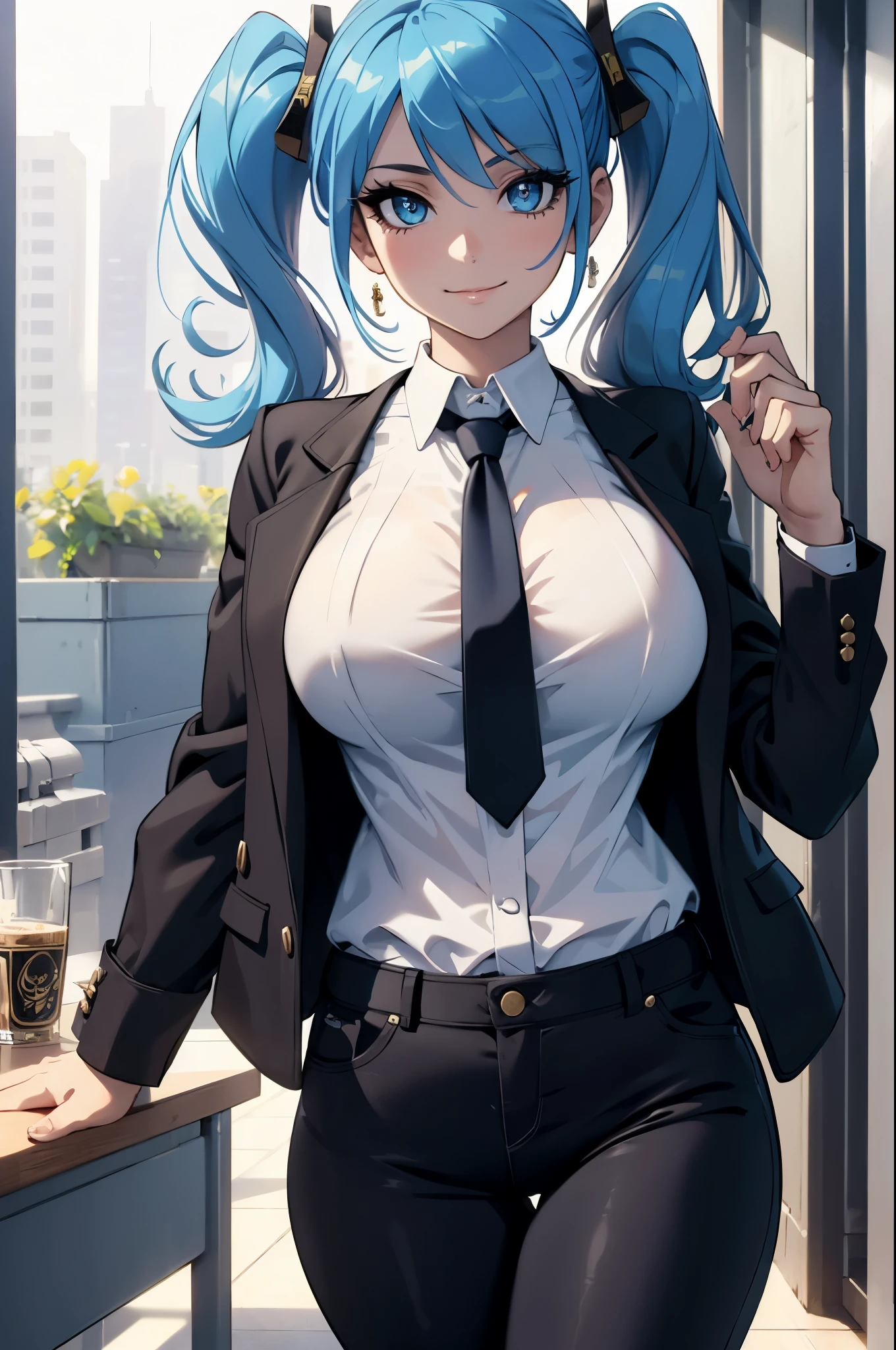 masterpiece, best quality, ultra-detailed, illustration, colorful, flat color, depth of field, lens flare, 1girl, sona buvelle, blue hair, blue eyes, twintails, hair ornament, anime, (closeup), detailed skin texture, beautiful detailed face, (black jacket, white shirt, necktie, black pants), seductive smile, alluring attire, (huge breasts), milf, at office