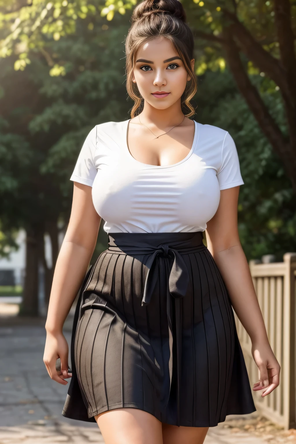 21-year-old girl posing for a school photo outdoors in a random location. The image should be a masterpiece, with a photorealistic rendering, and the best quality. The lighting should be beautiful, showcasing the natural sunlight. The girl should be Eleanor, a Muslim girl with beautiful eyes, around 20 years old. She should have big breasts and a plus-size figure, but with a flat belly. Her hair should be styled in a high bun, with long and extremely curly locks flowing down. She should be wearing a random colored, split-party skirt, lifting it slightly to create movement.