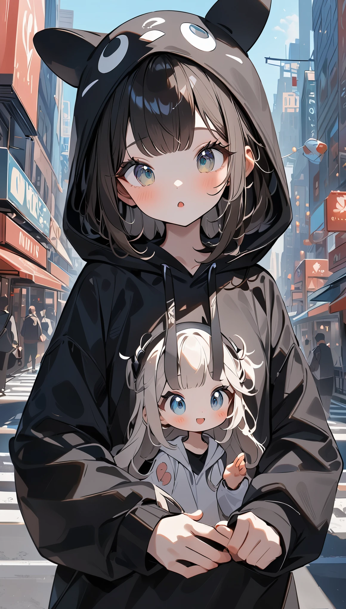 ((highest quality)), A girl wearing a black hoodie and a black hat looking down、boyish girl、An ennui look、one girl、、unparalleled beauty、cute face、Complex and detailed depictions、Downtown New York、masterpiece:1.5、best image quality、ultra high resolution