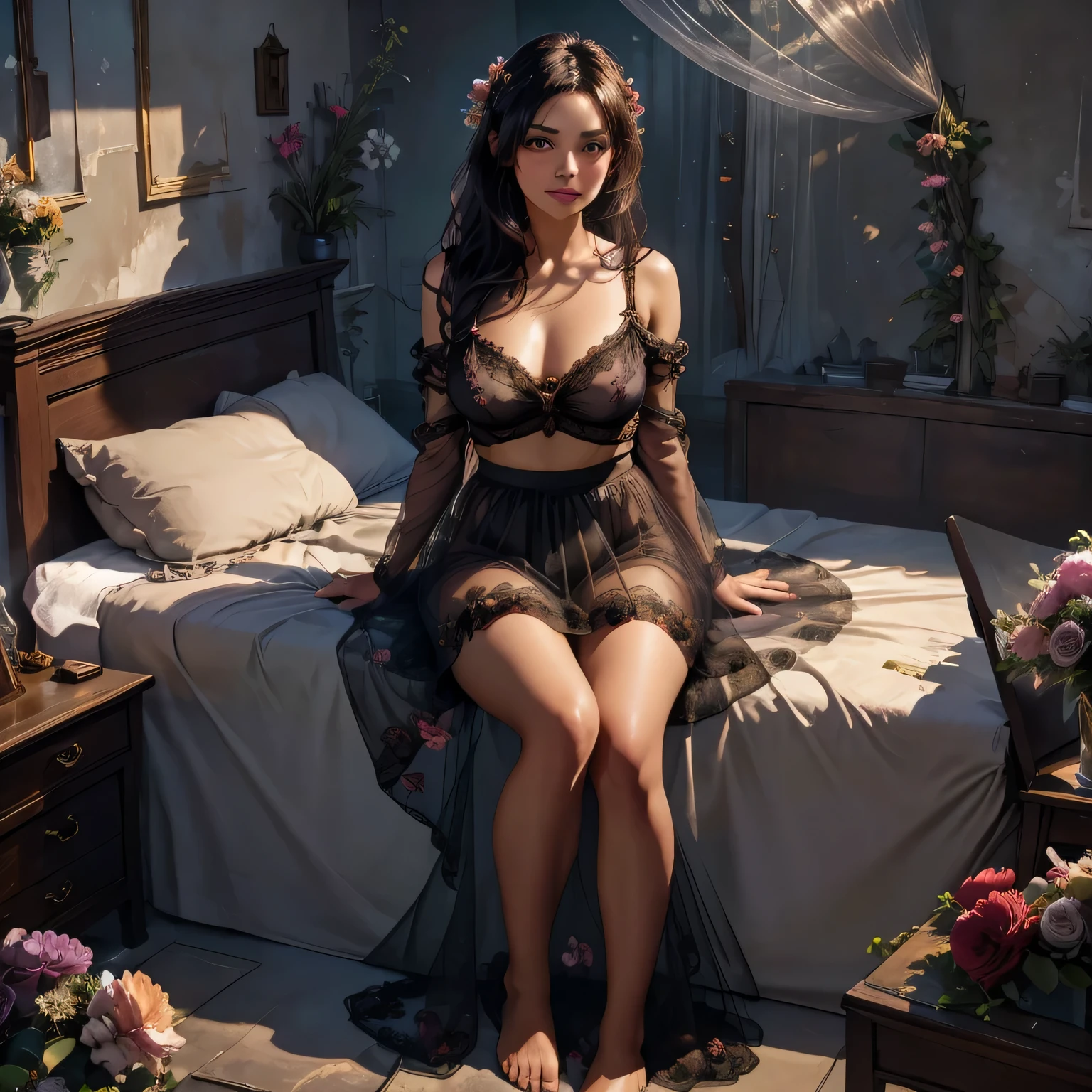 1girl,(bright lighting,romantic setting),dreamy background,,dark hair, mesmerizing gaze, , soft skin, alluring beauty, artistic portrait, high-quality image, vibrant colors,black long floral sheer skirt, mosquito net, romantic bedroom, solobound,full body visible on the screen,lying on the bed,barefoot