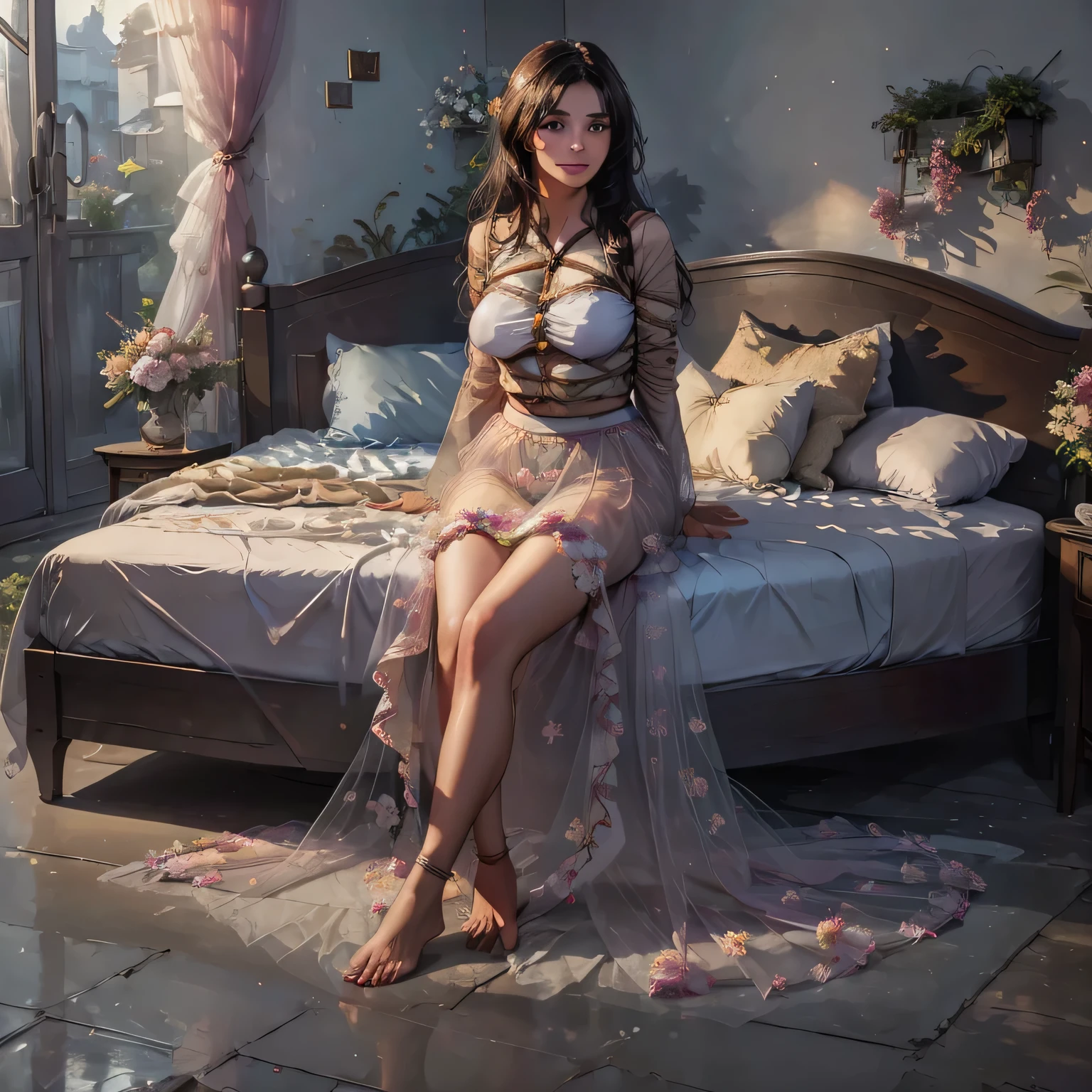 1girl,(bright lighting,romantic setting),dreamy background,,dark hair, mesmerizing gaze, , soft skin, alluring beauty, artistic portrait, high-quality image, vibrant colors,long floral sheer skirt, mosquito net, romantic bedroom, solobound,full body visible on the screen,lying on the bed,barefoot