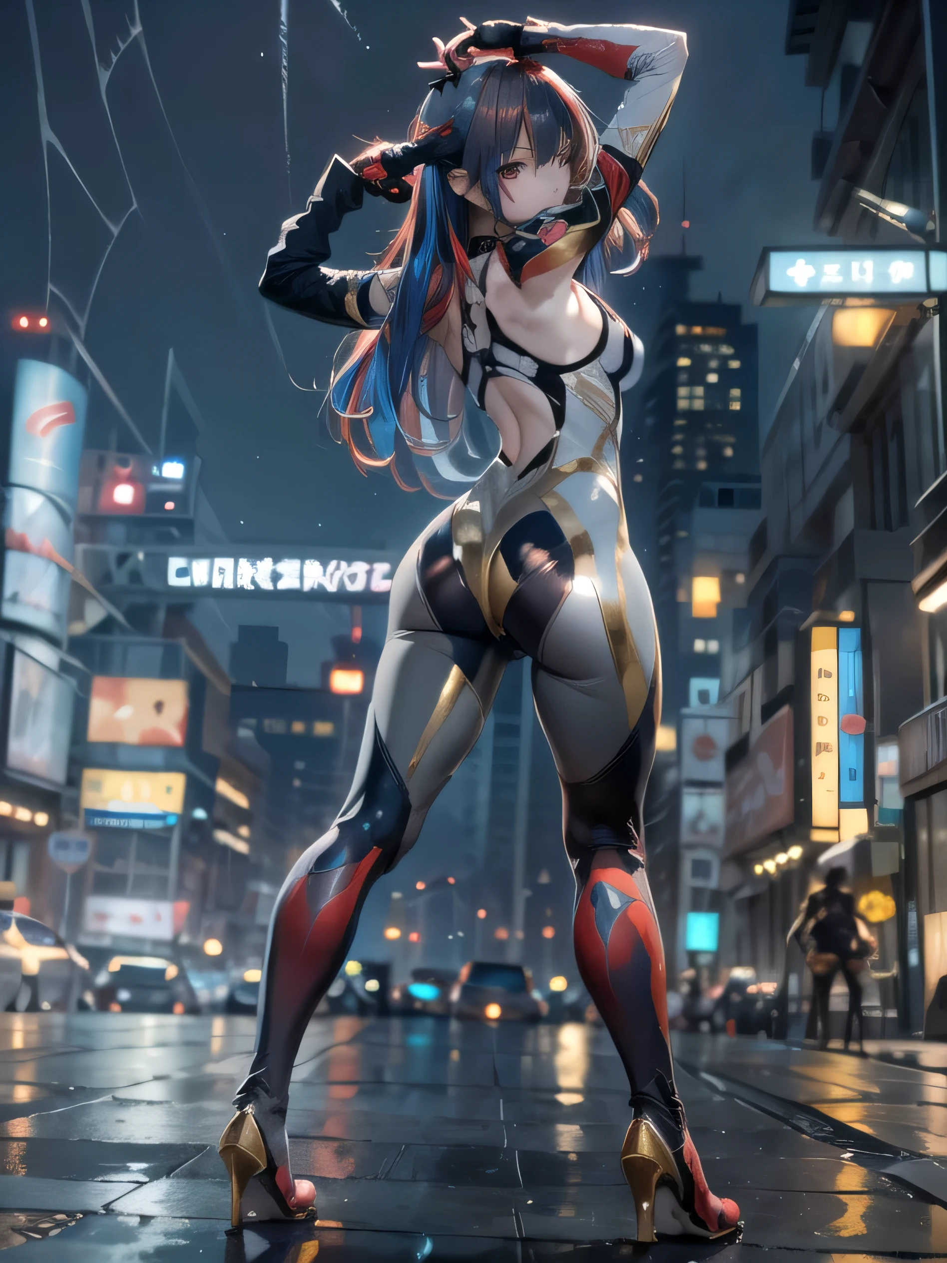 (photorealistic:1.8, highest quality:1.8,8K masterpiece:1.8,High resolution,muste piece:1.8,RAW Photos,cinematic lighting),No split screen, cyber punk、Back alley of the city at night、rain-soaked ground、vapor、
(1 android girl:1.3)、Completely naked、choker、beautiful breasts、Professional Wrestling Masks、spider girl、(Soryu Asuka Langley)、
(High leg black spider tight suit:1.7)、((Moderate chest:1.3)、Arachne tattoo on chest、Arachne:1.2)、
(look back、squat、raise your hand:1.2)、(Body fluid adhesion:1.4)、spiderweb、The white body contains Arachne threads.、plump nipples、Nipples are visible through the costume,cameltoe,
(Beautiful shining blue, white, gray, gold, and red hair:1.5)、Wistful