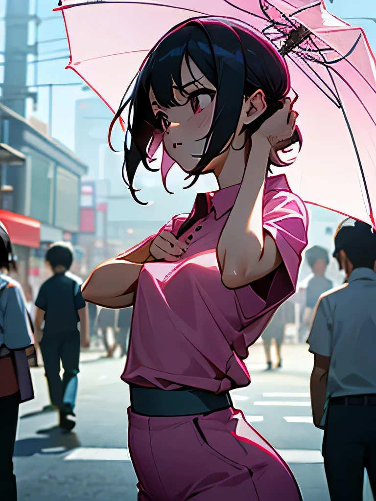 40' No bra, lower body, Japanese, very short, pubic hair, transparent, small breasts, embarrassing, Shyness, worries, Black hair Magenta polo shirt Short sleeves Arms (a large crowd gathers)、(on the streets of tokyo)