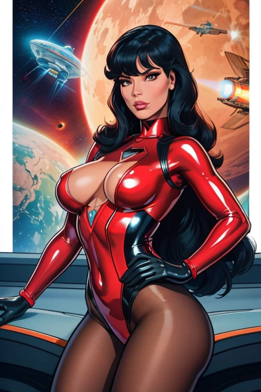 Best quality, 8K, woman space retro futurism, beautiful and detailed face, black straight long hair, bangs,big eyelashes,TRANSPARENT red LATEX leotard, metalic details, LIGHT TAN pantyhose, sheer gloves,sci-fi RETRO SPACESHIP scenario