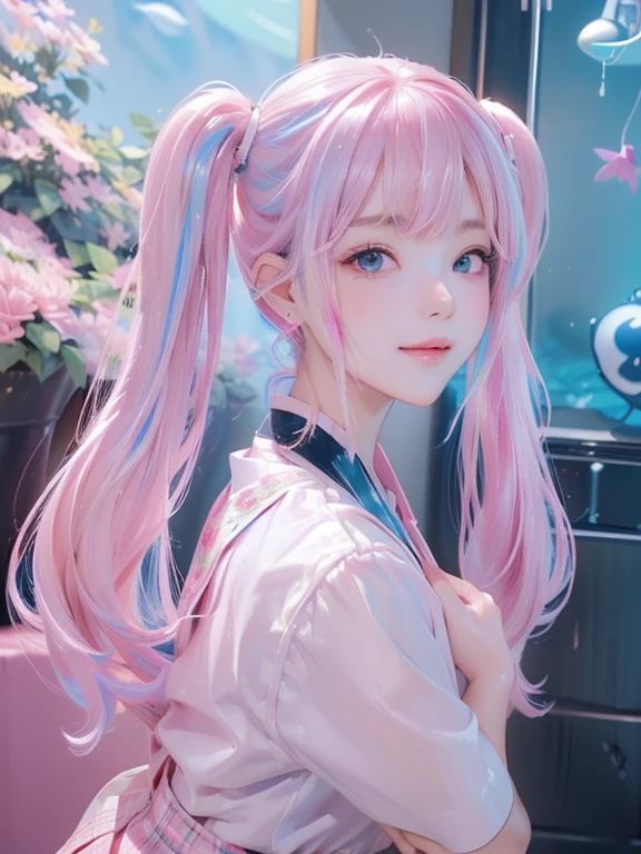 big butt、 (alone:1.5,)Super detailed,明るいcolor, very beautiful detailed anime face and eyes, look straight,  shiny_skin,girl, (((虹colorの髪, colorful hair, Half blue、half pink hair: 1.2)))、shiny hair, delicate beautiful face, blush、(turquoise eyes), White skin, Valletta, cute earrings,、aquarium、(((Floral、黄color、、checked skirt,)))、twin tails、smile、happy face、face dyed red、color々pose、