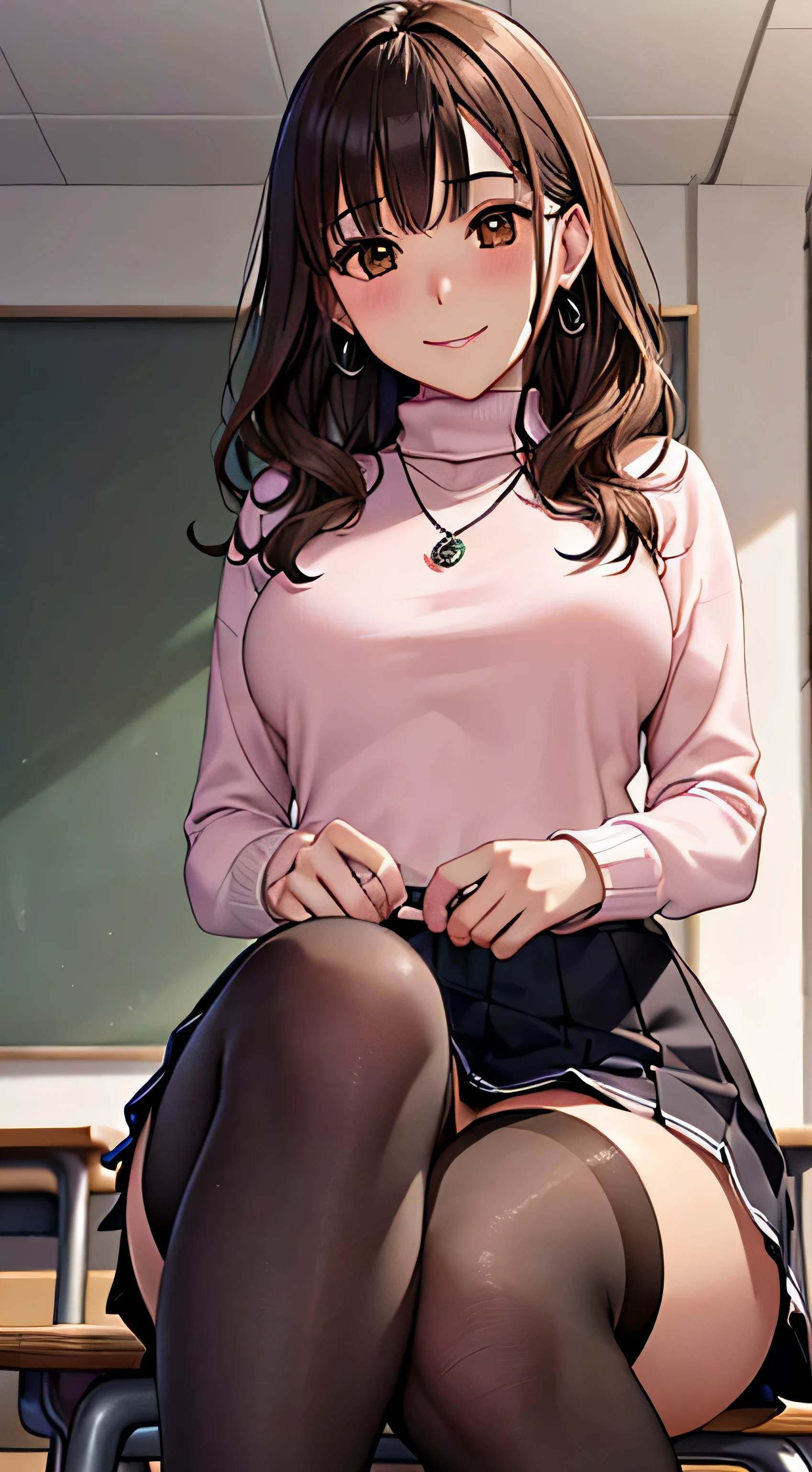 (table top, highest quality, High resolution, , perfect pixel, 4k,), 1 girl, single, alone, Beautiful woman、I could see the whole body、 ((wavy mid-length hair, bangs, brown hair)), ((brown eyes, beautiful eyelashes, realistic eyes)), ((detailed face, blush:1.2)), ((smooth texture:0.75, realistic texture:0.65, realistic:1.1, Anime CG style)), medium breasts, dynamic angle, perfect body, ((, female teacher, , earrings、necklace、turtleneck sweater、、black knee high stockings、pleated skirt、((open both legs wide))、、shy smile、sit at the podium in the classroom、emphasize the chest)), Upper grade、、、evening、、(You can see the white and pink lace panties、、Lift up your skirt and show your panties、(、)、angle from below)、