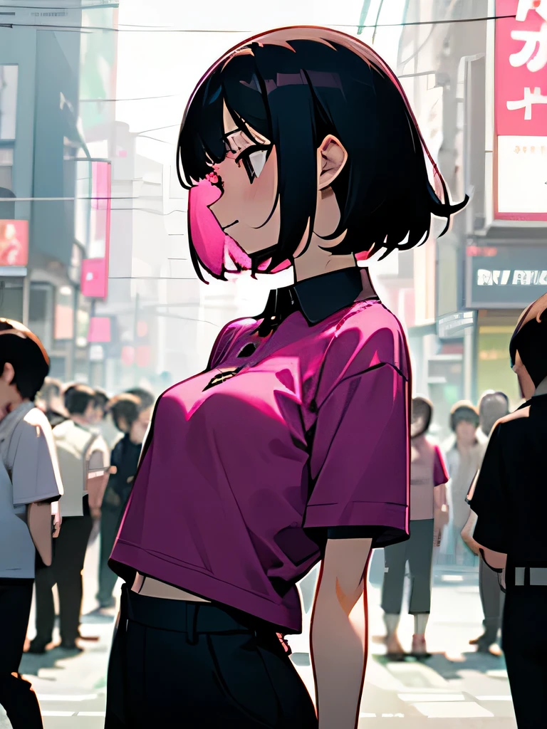40' No bra, lower body, Japanese, very short, pubic hair, transparent, small breasts, embarrassing, Shyness, worries, Black hair, magenta polo shirt, short sleeves, arms, black pants (a large crowd gathers)、(on the streets of tokyo