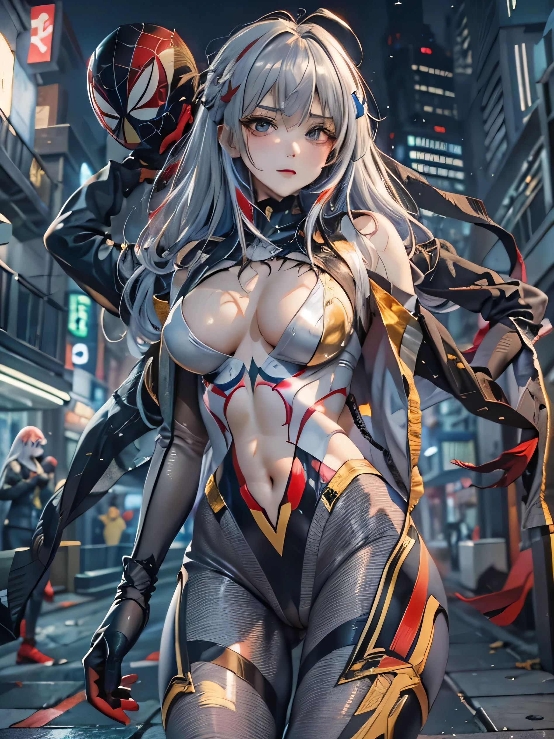 (photorealistic:1.8, highest quality:1.8,8K masterpiece:1.8,High resolution,muste piece:1.8,RAW Photos,cinematic lighting),No split screen, cyber punk、Back alley of the city at night、rain-soaked ground、vapor、
(1 android girl:1.3)、Completely naked、choker、beautiful breasts、Professional Wrestling Masks、spider girl、(Soryu Asuka Langley)、
(High leg black spider tight suit:1.7)、((Moderate chest:1.3)、Arachne tattoo on chest、Arachne:1.2)、
 (look back、squat、raise your hand:1.2)、(Body fluid adhesion:1.4)、spiderweb、The white body contains Arachne threads.、plump nipples、Nipples are visible through the costume,cameltoe,
(Beautiful, shining blue-white-grey-red-gold hair:1.5)、Impassive