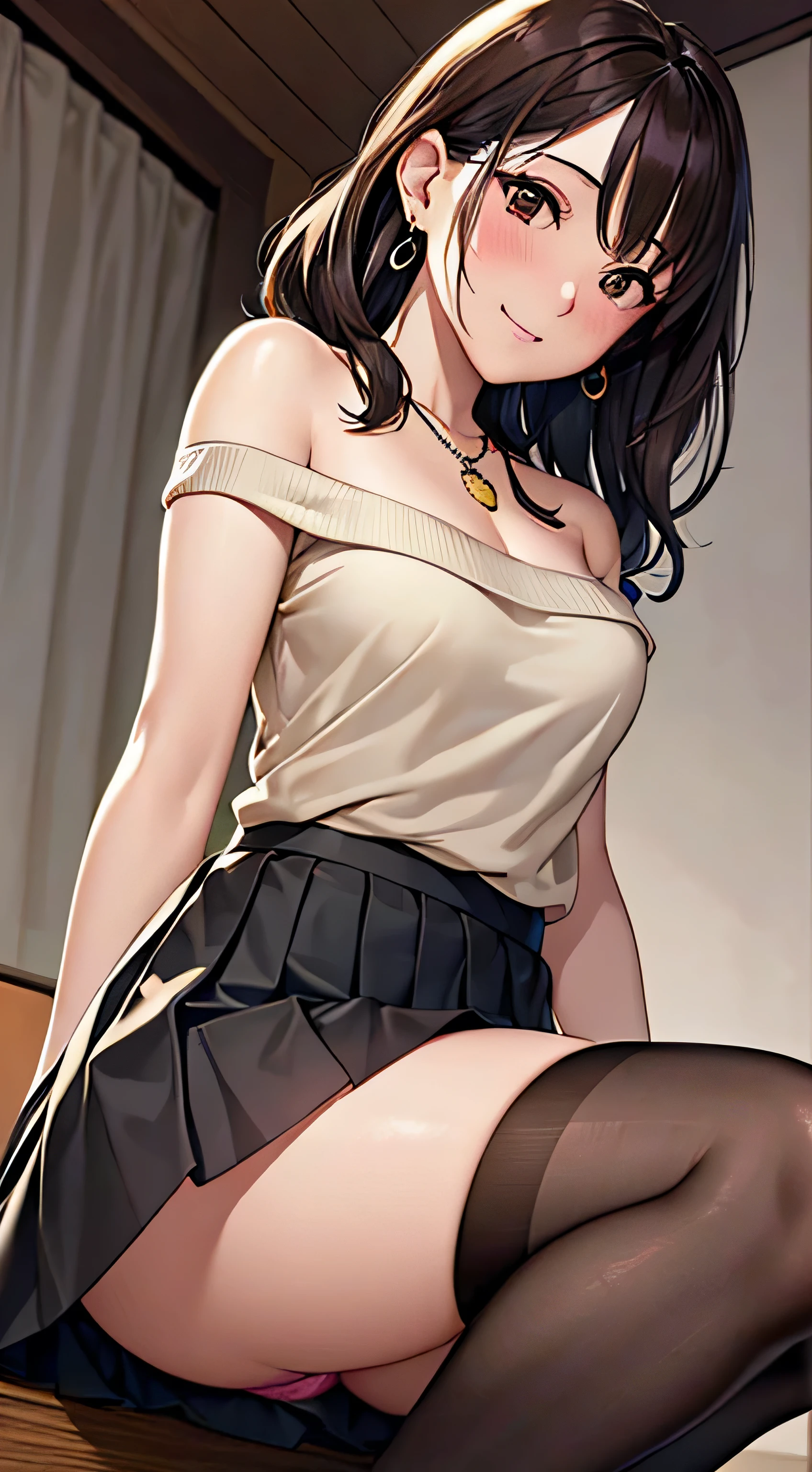 (table top, highest quality, High resolution, , perfect pixel, 4k,), 1 girl, single, alone, Beautiful woman、I could see the whole body、 ((wavy middle hair, bangs, brown hair)), ((brown eyes, beautiful eyelashes, realistic eyes)), ((detailed face, blush:1.2)), ((smooth texture:0.75, realistic texture:0.65, realistic:1.1, Anime CG style)), medium breasts, dynamic angle, perfect body, ((, female teacher, , earrings、necklace、beige off shoulder sweater、long pleated skirt、black knee high stockings、pink lace panties、shy smile、Pull up your skirt to show your panties)), upper grade、、、evening、、Bring your arms together to emphasize your chest、hold the necklace between your chest、(、()、angle from below)、
