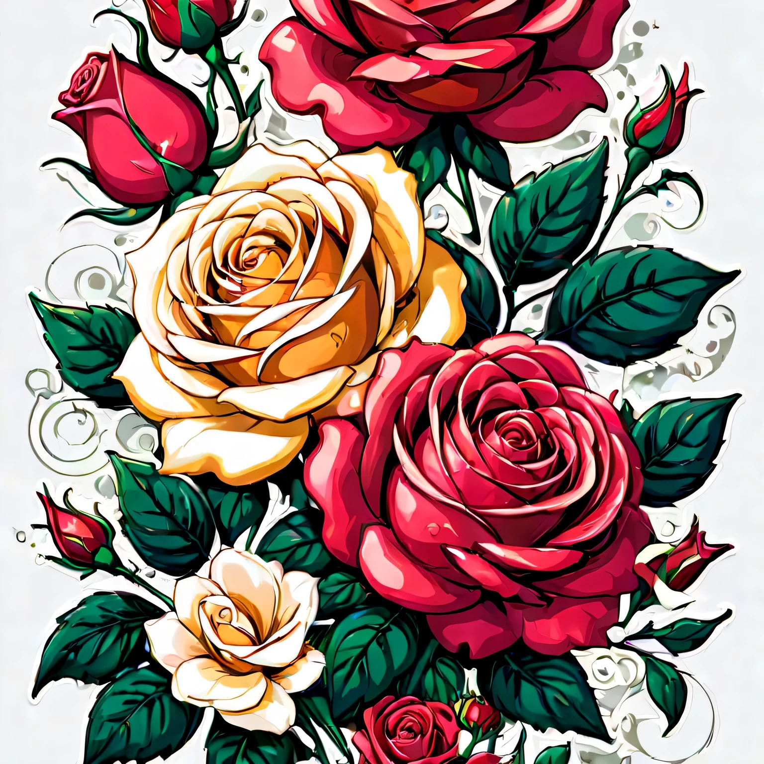 Meisterwerk, Best quality, Ultradetailliert), (Best quality)), ((Meisterwerk)) a vector illustration for a t-shirt design, floral design with roses that is sweet. background white. 2D im Sticker-Style 