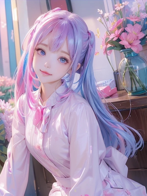 big butt、 (alone:1.5,)Super detailed,明るいcolor, very beautiful detailed anime face and eyes, look straight,  shiny_skin,girl, (((虹colorの髪, colorful hair, Half blue、half pink hair: 1.2)))、shiny hair, delicate beautiful face, blush、(turquoise eyes), White skin, Valletta, cute earrings,、flower shop、(((Floral、黄color、purple、blouse、Floral、checked skirt,)))、twin tails、smile、happy face、face dyed red、color々pose、