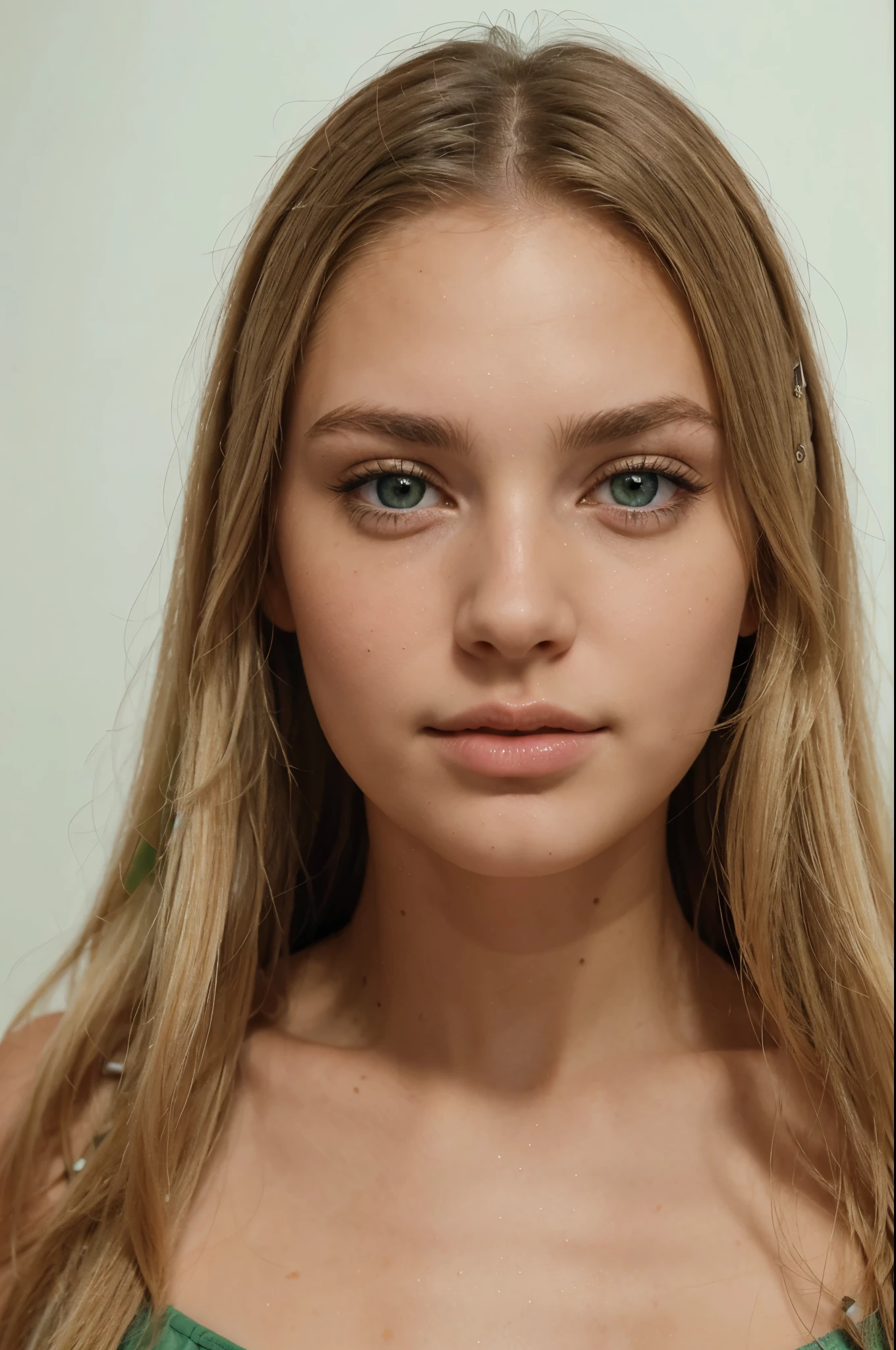 medium closeup photography portrait of 23-year-old American girl with olive skin, long, thick straight blonde hair, blue eyes speckled with green, full plump lips, long natural lashes at the white wall daylight centered shot 8k, highest quality, ultra details, realistic skin rendering showcasing every pore, hair, blemish, and trace of oil, natural beauty, realistic features