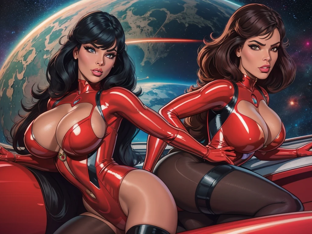 Best quality, 8K, woman space retro futurism, beautiful and detailed face, black straight long hair, bangs,big eyelashes,TRANSPARENT red LATEX leotard, metalic details, LIGHT TAN pantyhose, sheer gloves,sci-fi RETRO SPACESHIP scenario