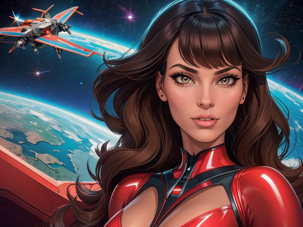 Best quality, 8K, woman space retro futurism, beautiful and detailed face, black straight long hair, bangs,big eyelashes,TRANSPARENT red LATEX leotard, metalic details, LIGHT TAN pantyhose, sheer gloves,sci-fi RETRO SPACESHIP scenario