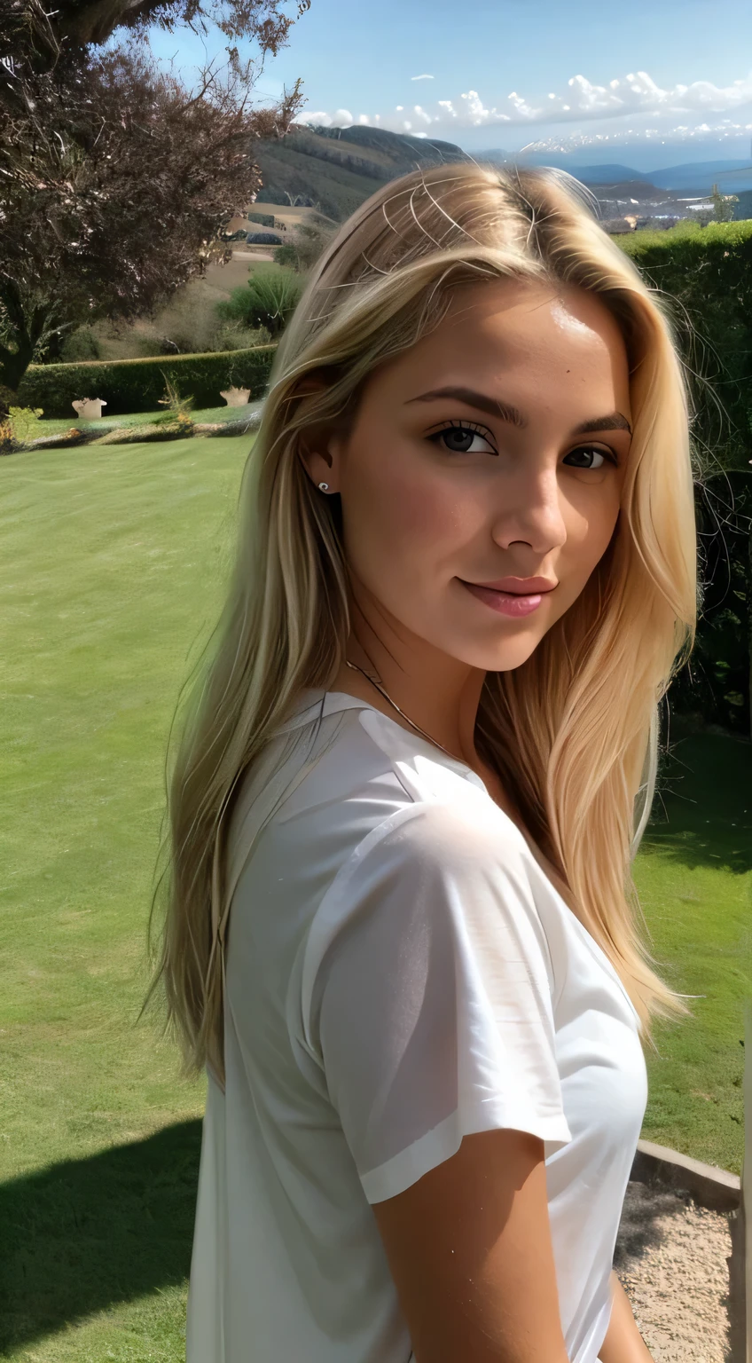 A 23-year-old blonde woman., ((pechos grandes)), ((hiperrealismo)) ,. blonde hair with light brown roots. cabello rubio, Hair with brown roots, cabello extra largo, cabello muy largo, pelo muy largo, Hermoso, Vista frontal, autofoto, foto tomada con iPhone, elegante camisa negra con escote, escotada, autofoto in the garden, alta calidad, autofoto iPhone, escote