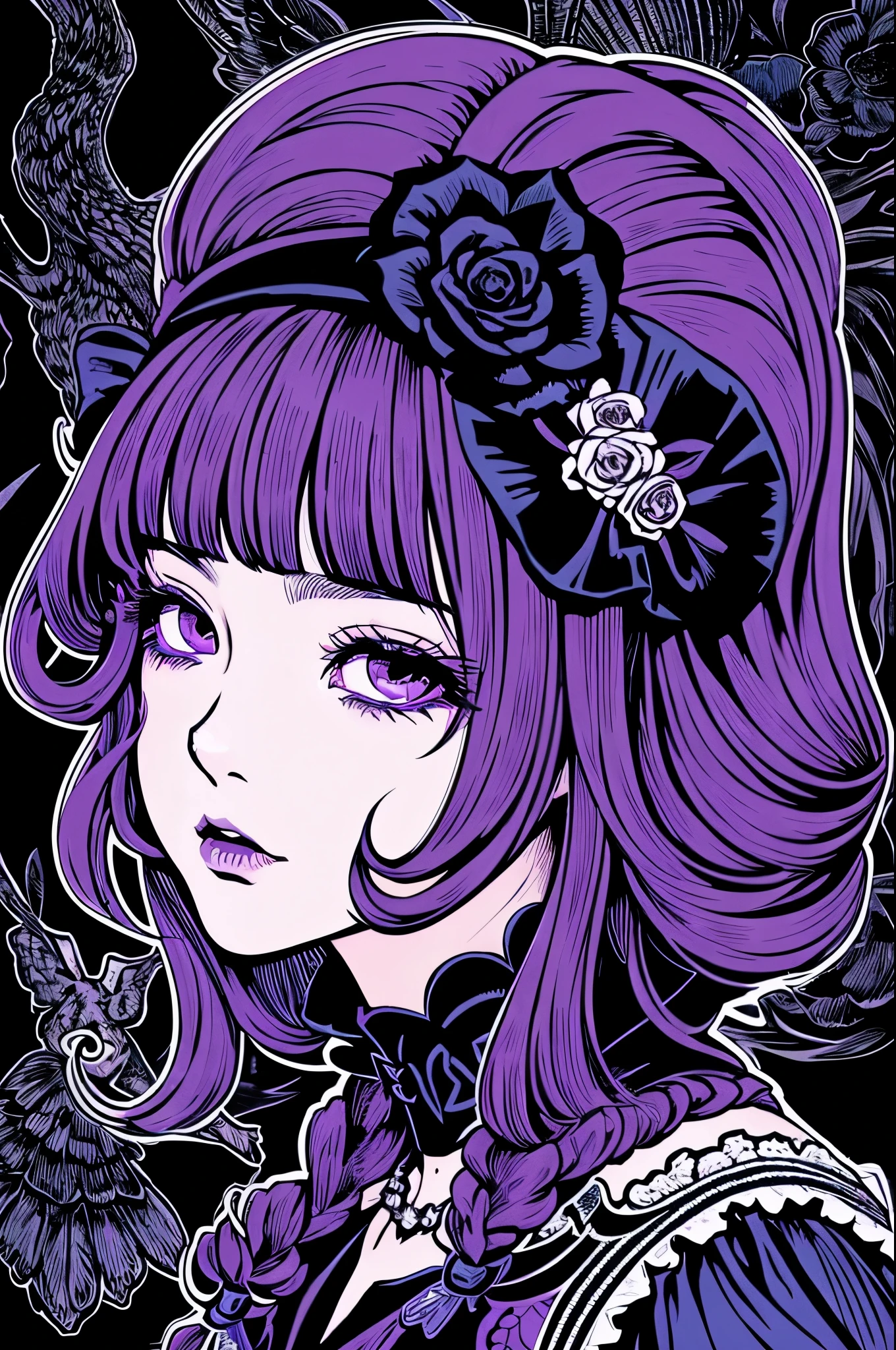 Beautiful Hardcore Illustration homepage illustration style, dark, high resolution, hard touch illustration, strong outline, two girls, gothic & ta style, gothic & loliashion, 8k, American comic style, colorful background, Hiroyuki Nagasaka, aggressive, beautiful face, cool beauty, dress, beauty style, purple color, battle, Hard illustration, purple hear,