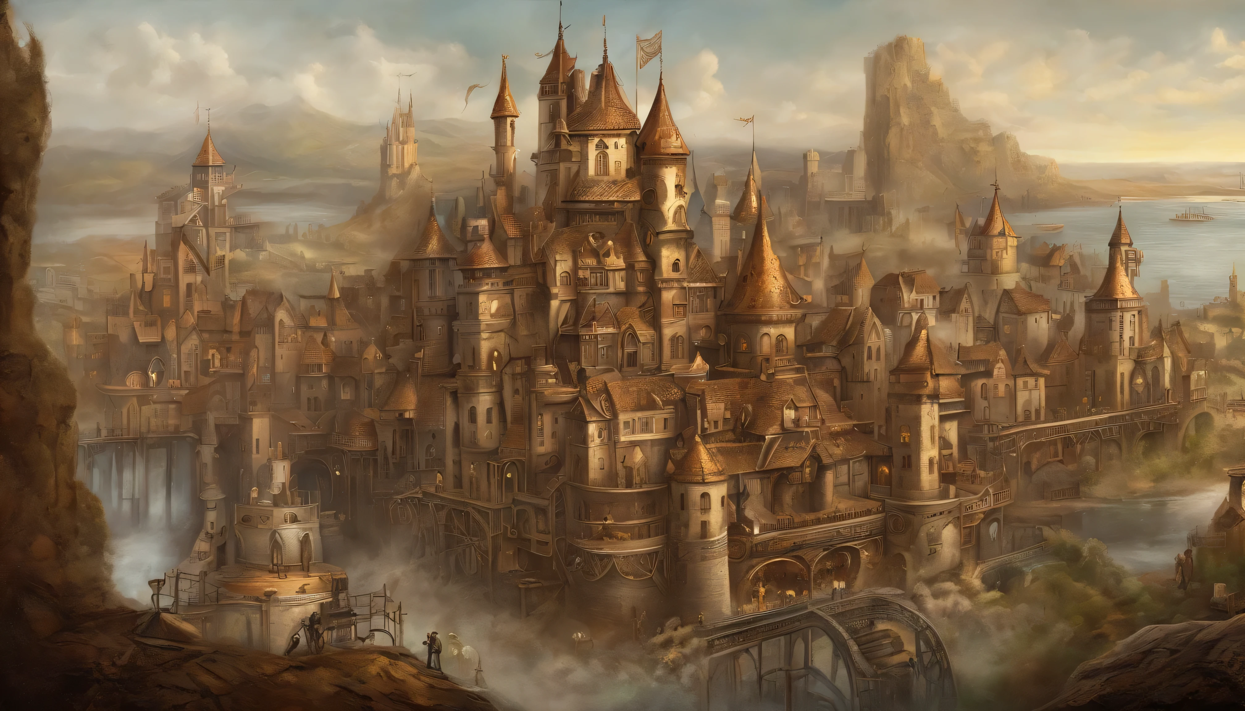 high fantasy, Crowded castle with castle town, medieval background、exterior