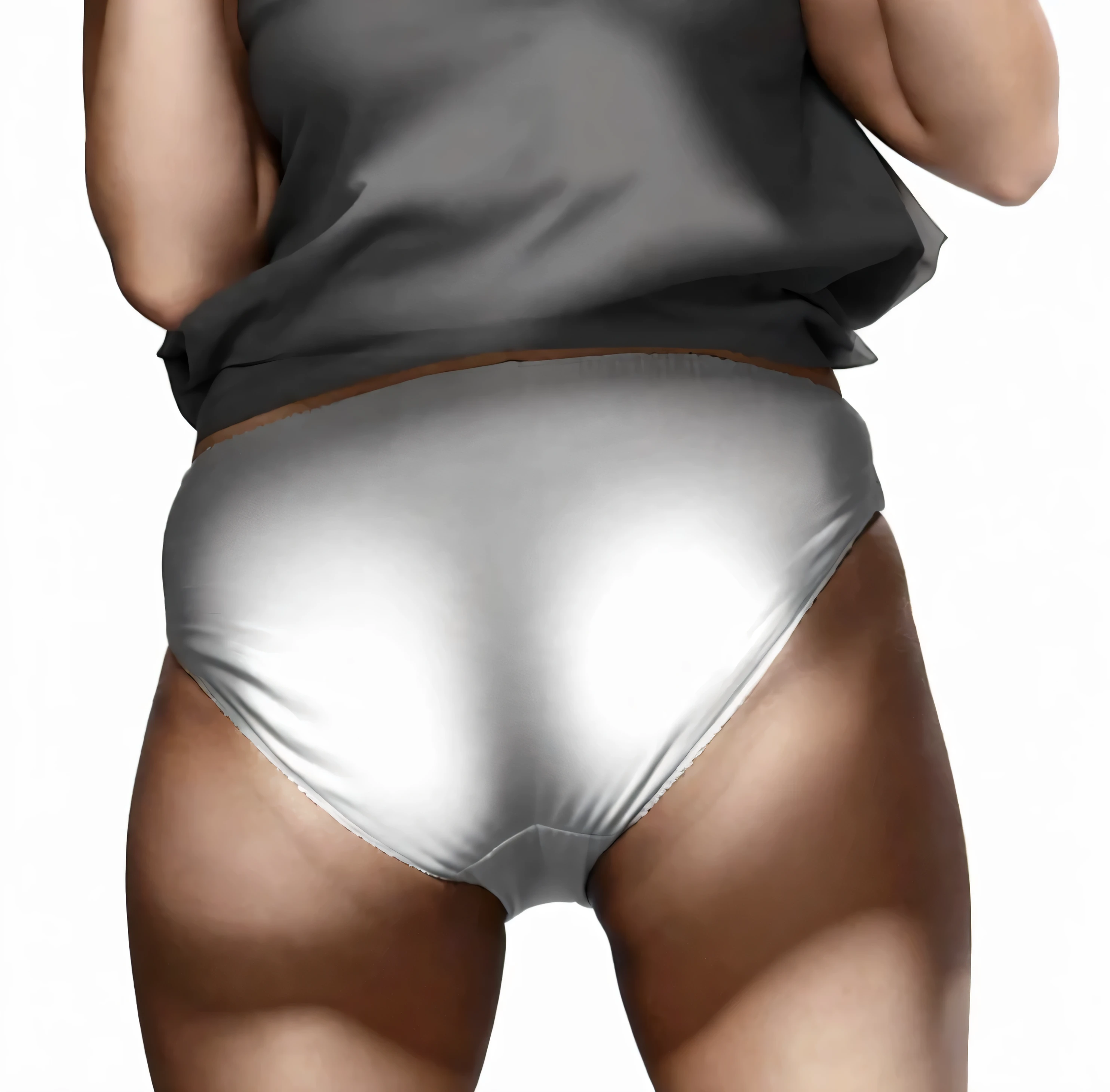 ((masterpiece, best quality)), ((33 year old)), (((Curvy))), ((Black woman)), in ((white fullback cotton panties)), beige shirt, ((Large hips)), cropped shot, (((photo realistic)))