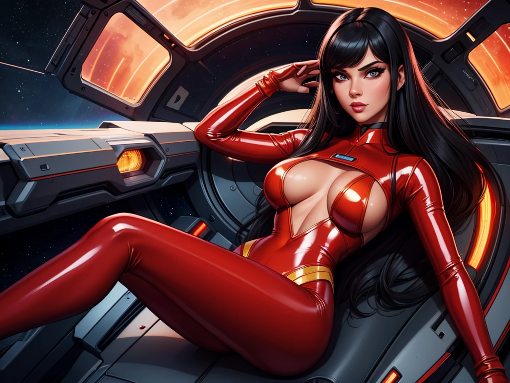Best quality, 8K, woman space retro futurism, beautiful and detailed face, black straight long hair, bangs,big eyelashes,TRANSPARENT red LATEX leotard, metalic details, LIGHT TAN pantyhose, sheer gloves,sci-fi RETRO SPACESHIP scenario