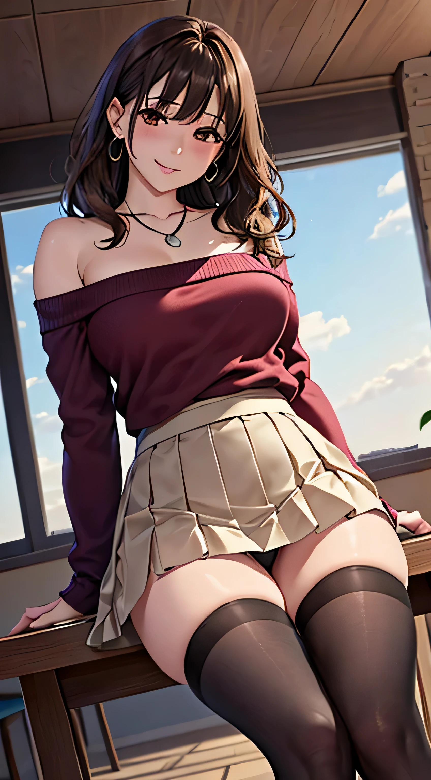 (table top, highest quality, High resolution, , perfect pixel, 4k,), 1 girl, single, alone, Beautiful woman、I could see the whole body、 ((wavy middle hair, bangs, brown hair)), ((brown eyes, beautiful eyelashes, realistic eyes)), ((detailed face, blush:1.2)), ((smooth texture:0.75, realistic texture:0.65, realistic:1.1, Anime CG style)), medium breasts, dynamic angle, perfect body, ((, female teacher, , earrings、necklace、beige off shoulder sweater、long pleated skirt、black knee high stockings、pink lace panties、shy smile、Pull up your skirt to show your panties)), upper grade、、、evening、、Bring your arms together to emphasize your chest、hold the necklace between your chest、(、()、angle from below)、