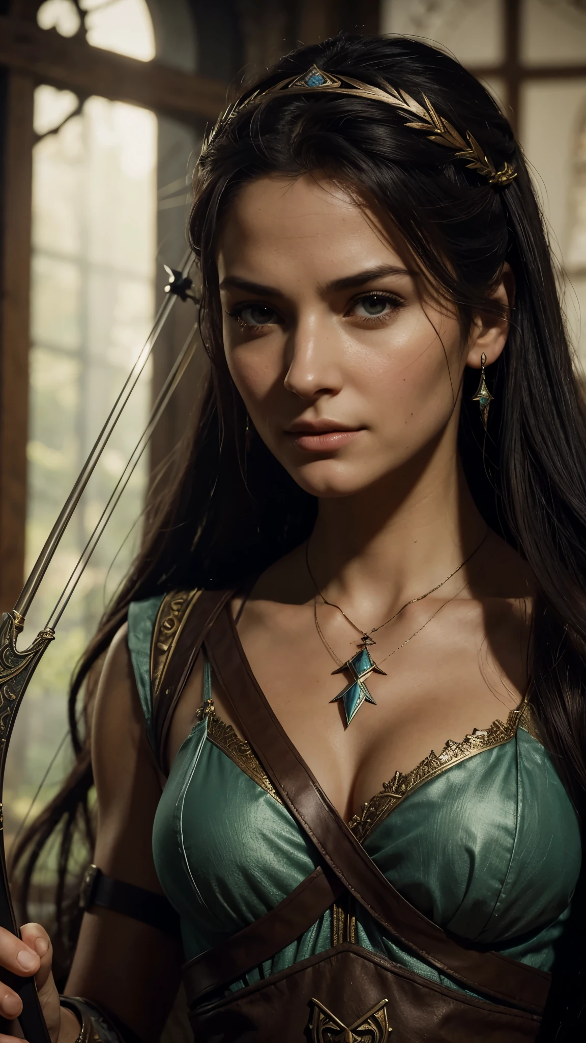 arafed woman with a bow and arrow in a video game, a character portrait inspired by Valéria Dénes, trending on cg society, renaissance, realistic restored face, female character, accurate detailed face, portrait ezio auditore as female, with very highly detailed face, character close up, the goddess artemis smirking, female lead character, mother of witchers