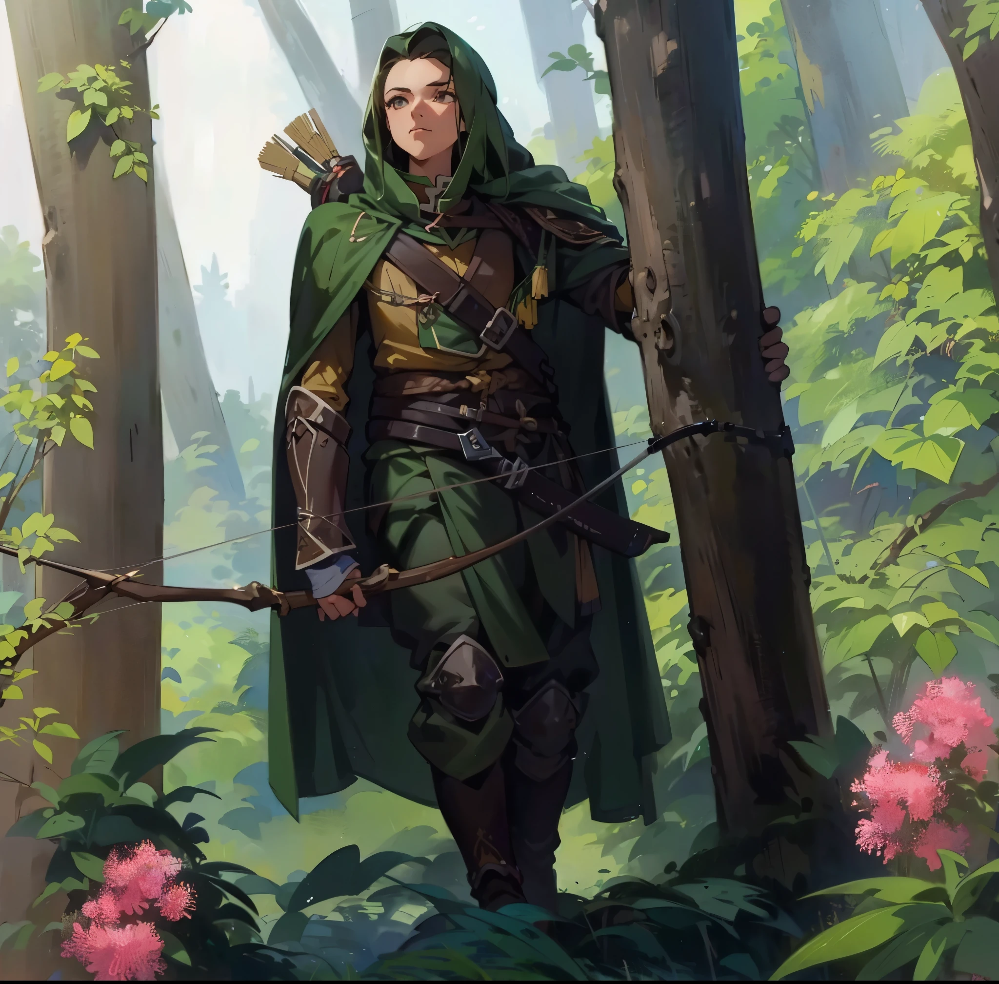 a woman,European medieval archer,Ranger,戴着Ranger帽,Wearing brown and green cloth,Holding a bow and arrow,A quiver hanging from the back,Stand in the forest。Medium shot composition,full body pictures,Characters and scenes,Anime illustration style,watercolor style,HD,4K。