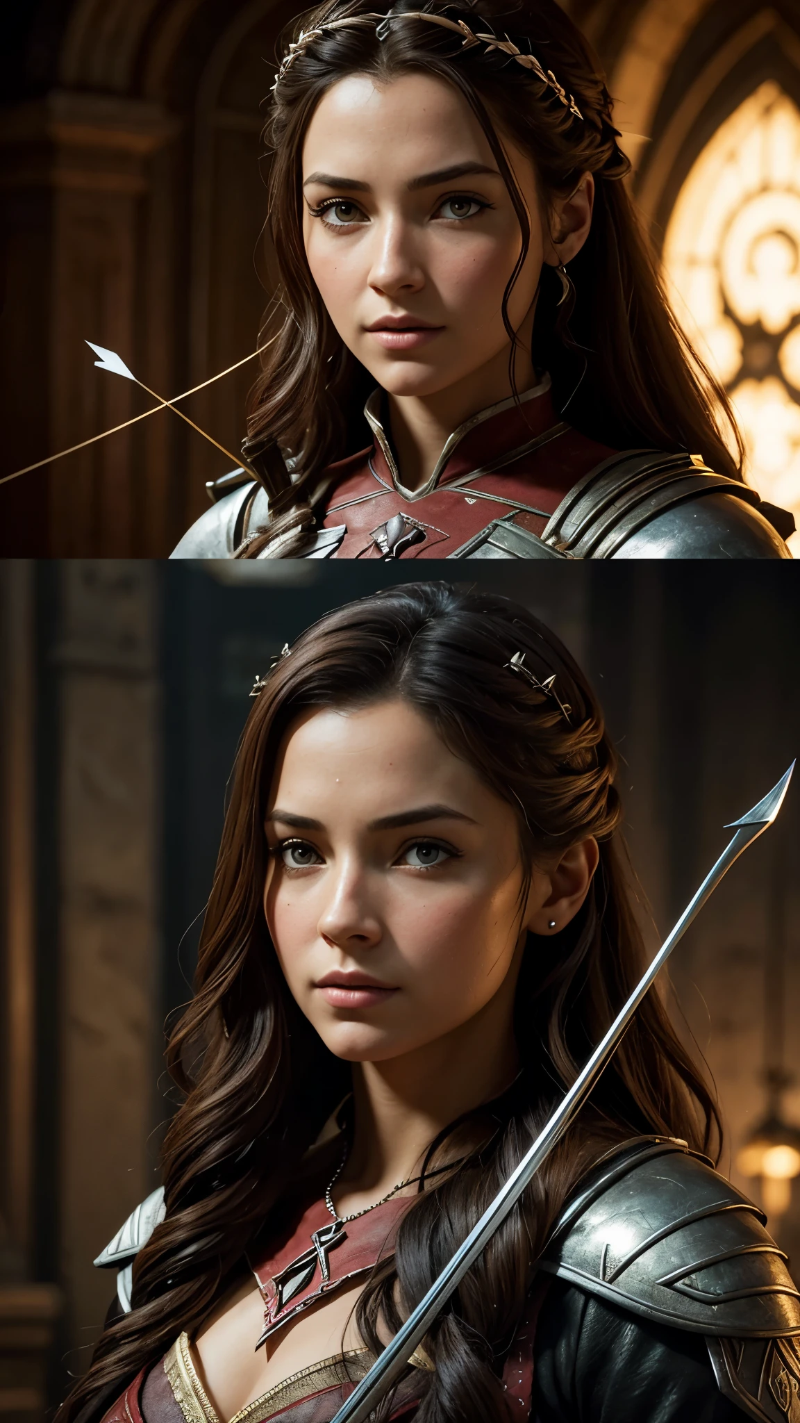 arafed woman with a bow and arrow in a video game, a character portrait inspired by Valéria Dénes, trending on cg society, renaissance, realistic restored face, female character, accurate detailed face, portrait ezio auditore as female, with very highly detailed face, character close up, the goddess artemis smirking, female lead character, mother of witchers