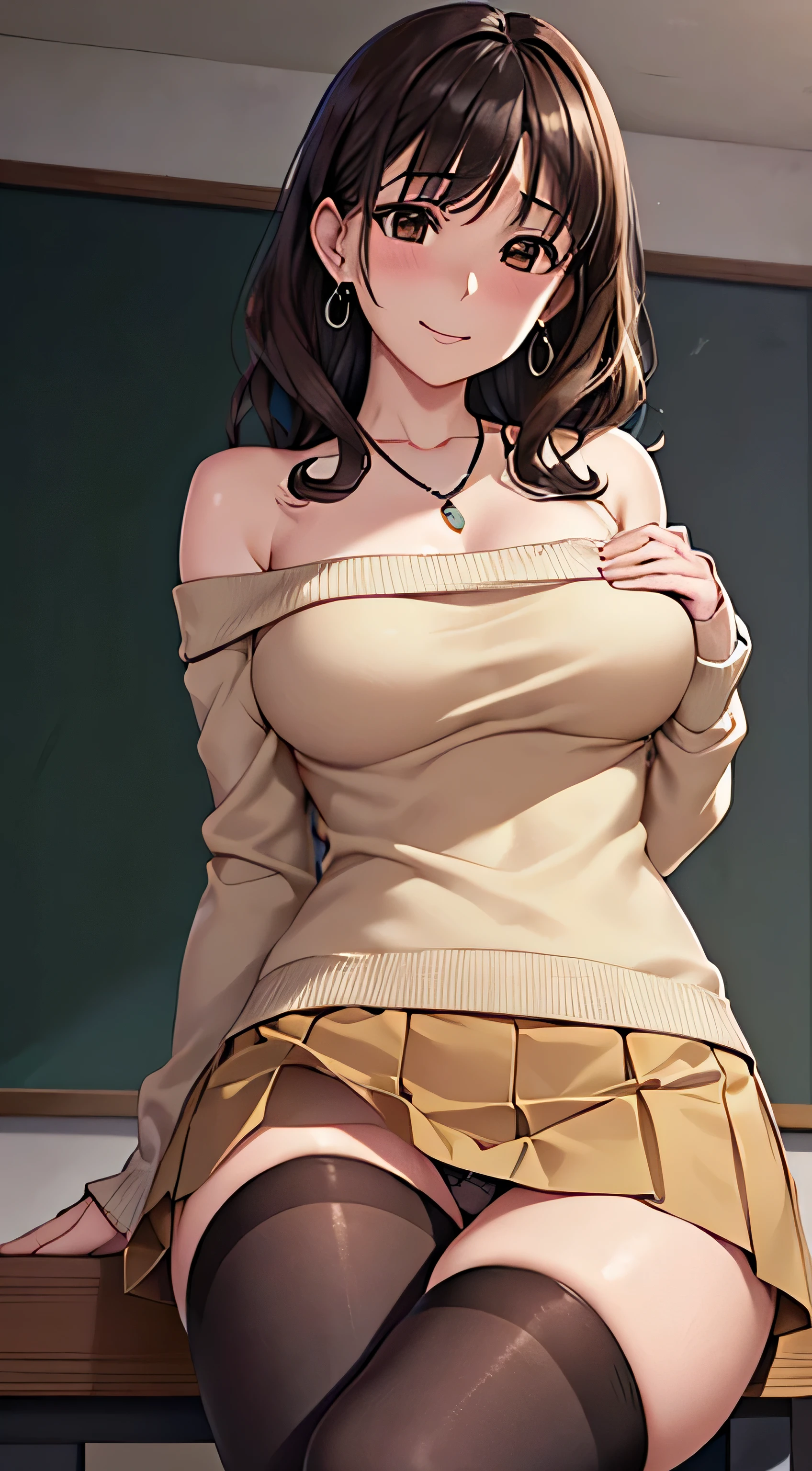 (table top, highest quality, High resolution, , perfect pixel, 4k,), 1 girl, single, alone, Beautiful woman、I could see the whole body、 ((wavy middle hair, bangs, brown hair)), ((brown eyes, beautiful eyelashes, realistic eyes)), ((detailed face, blush:1.2)), ((smooth texture:0.75, realistic texture:0.65, realistic:1.1, Anime CG style)), medium breasts, dynamic angle, perfect body, ((, female teacher, , earrings、necklace、beige off shoulder sweater、long pleated skirt、black knee high stockings、pink lace panties、shy smile、Pull up your skirt to show your panties)), upper grade、、、evening、、Bring your arms together to emphasize your chest、hold the necklace between your chest、(、()、angle from below)、