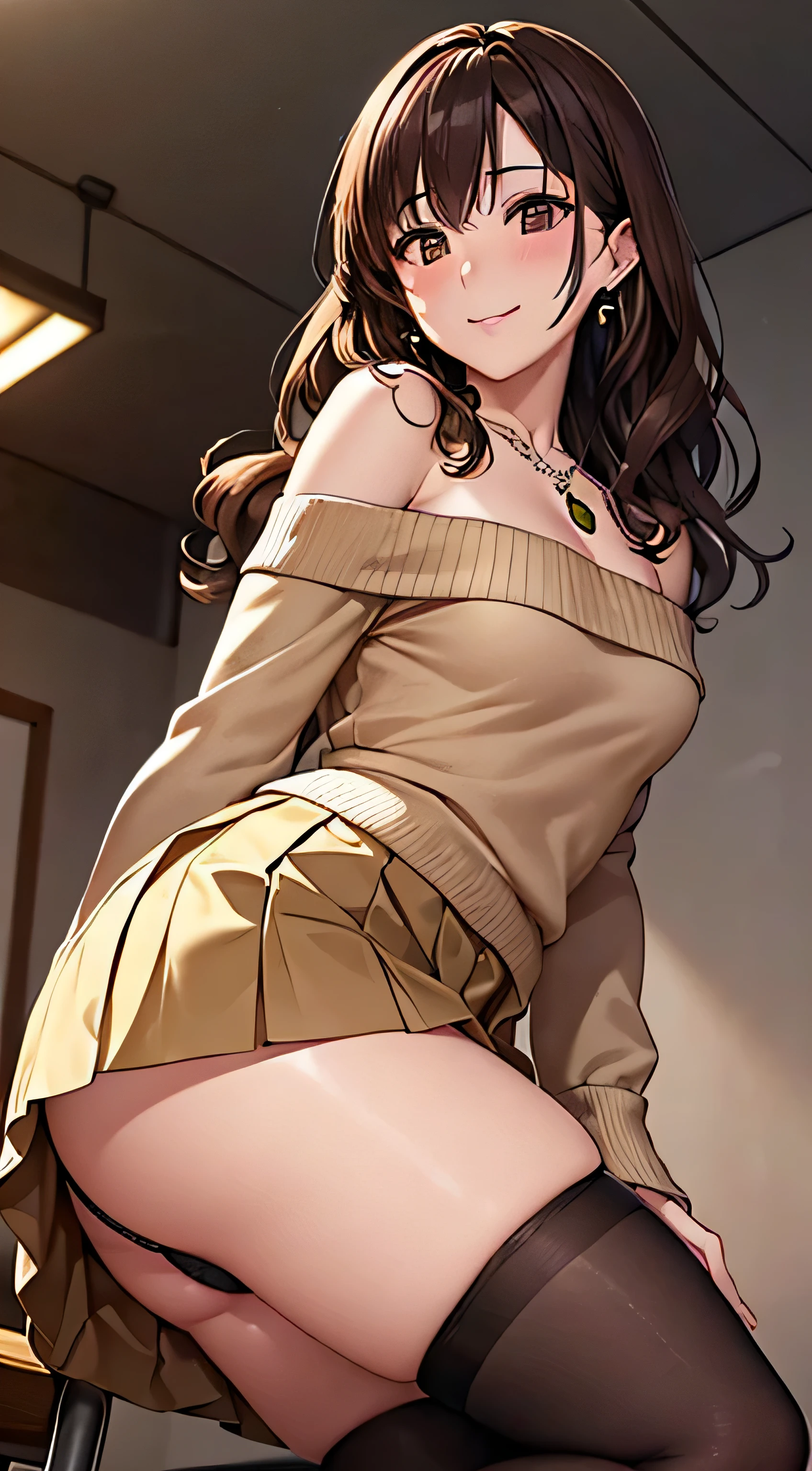 (table top, highest quality, High resolution, , perfect pixel, 4k,), 1 girl, single, alone, Beautiful woman、I could see the whole body、 ((wavy middle hair, bangs, brown hair)), ((brown eyes, beautiful eyelashes, realistic eyes)), ((detailed face, blush:1.2)), ((smooth texture:0.75, realistic texture:0.65, realistic:1.1, Anime CG style)), medium breasts, dynamic angle, perfect body, ((, female teacher, , earrings、necklace、beige off shoulder sweater、long pleated skirt、black knee high stockings、pink lace panties、shy smile、Pull up your skirt to show your panties)), upper grade、、、evening、、Bring your arms together to emphasize your chest、hold the necklace between your chest、(、()、angle from below)、