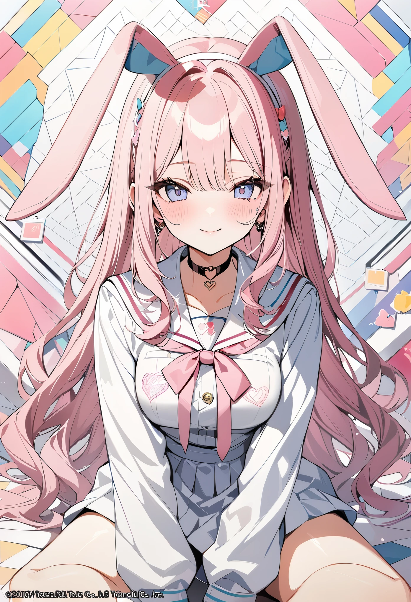 ,beautiful flower々),mole under eye, heart shaped choker, (masterpiece, highest quality), official art, beautiful and aesthetic: 1.2), (1 girl), very detailed, (geometry art: 1.3), colorful、pink bob hair、Bunny ears、 whole body、smile、college uniform