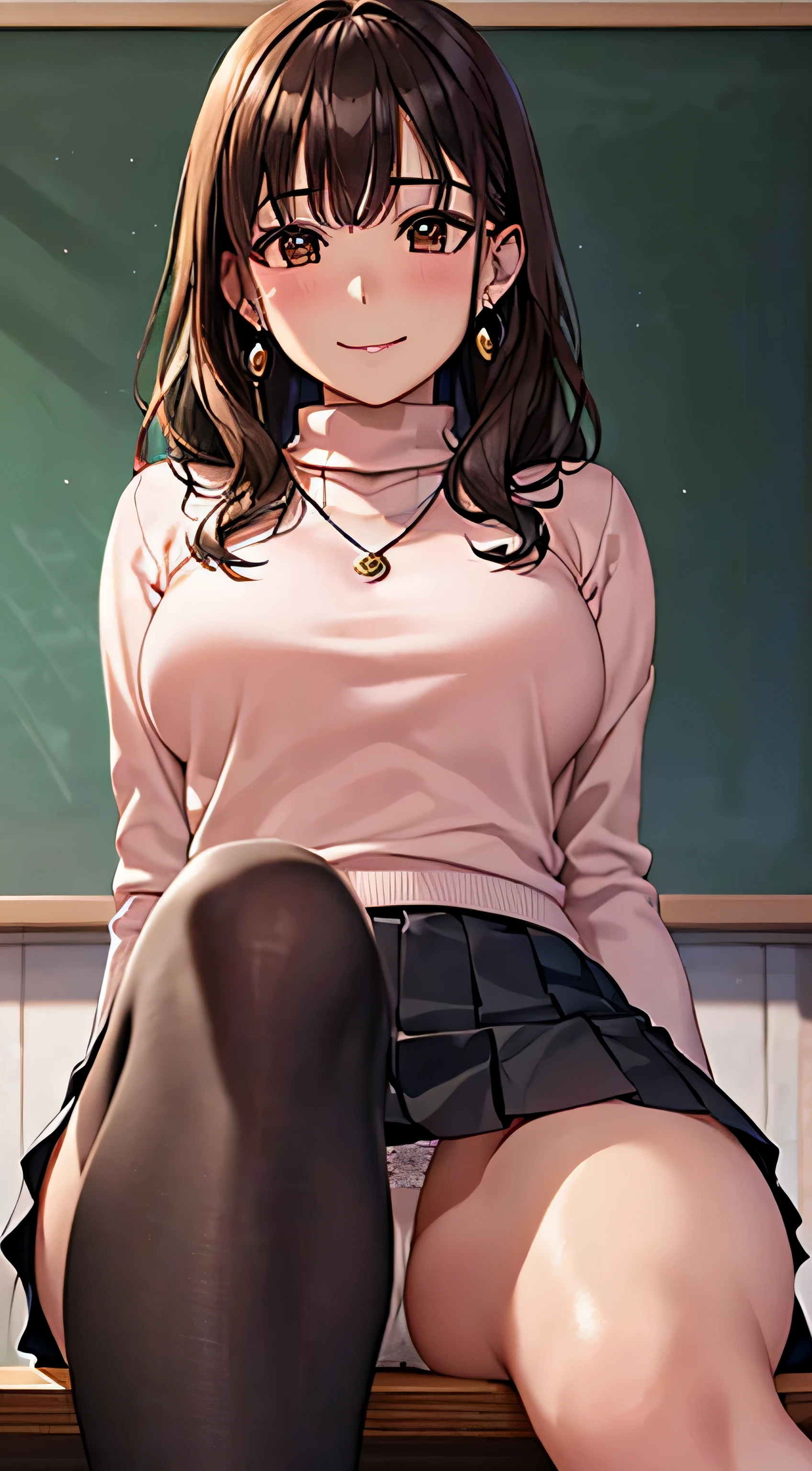 (table top, highest quality, High resolution, , perfect pixel, 4k,), 1 girl, single, alone, Beautiful woman、I could see the whole body、 ((wavy mid-length hair, bangs, brown hair)), ((brown eyes, beautiful eyelashes, realistic eyes)), ((detailed face, blush:1.2)), ((smooth texture:0.75, realistic texture:0.65, realistic:1.1, Anime CG style)), medium breasts, dynamic angle, perfect body, ((, female teacher, , earrings、necklace、turtleneck sweater、、black knee high stockings、pleated skirt、((open both legs wide))、、shy smile、sit at the podium in the classroom、emphasize the chest)), Upper grade、、、evening、、(You can see the white and pink lace panties、、Lift up your skirt and show your panties、(、)、angle from below)、
