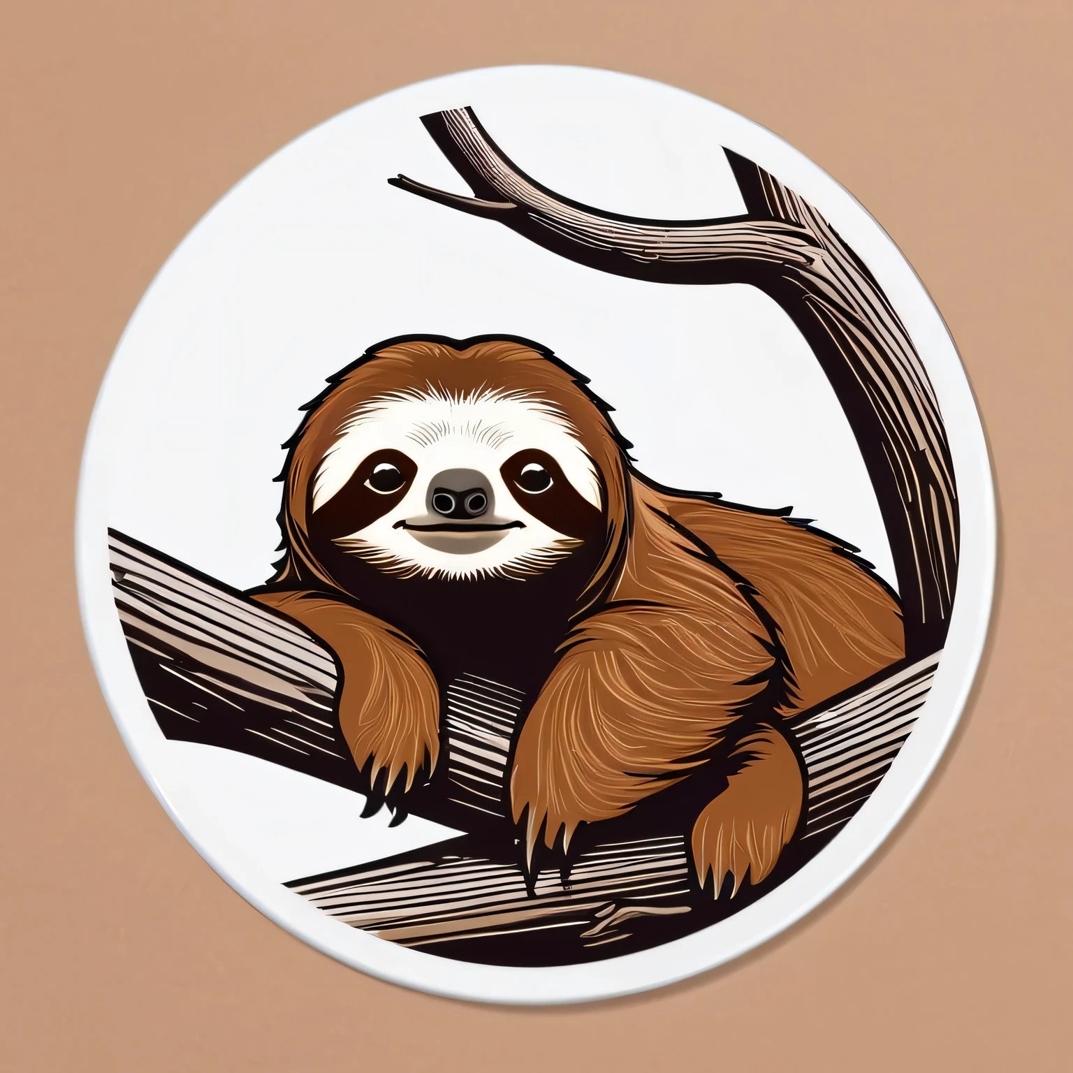 Meisterwerk, Best quality, Ultradetailliert), (Best quality)), ((Meisterwerk)) a vector illustration for a t-shirt design, Sloth lying in brown and white that is cute. background white. 2D im Sticker-Style 