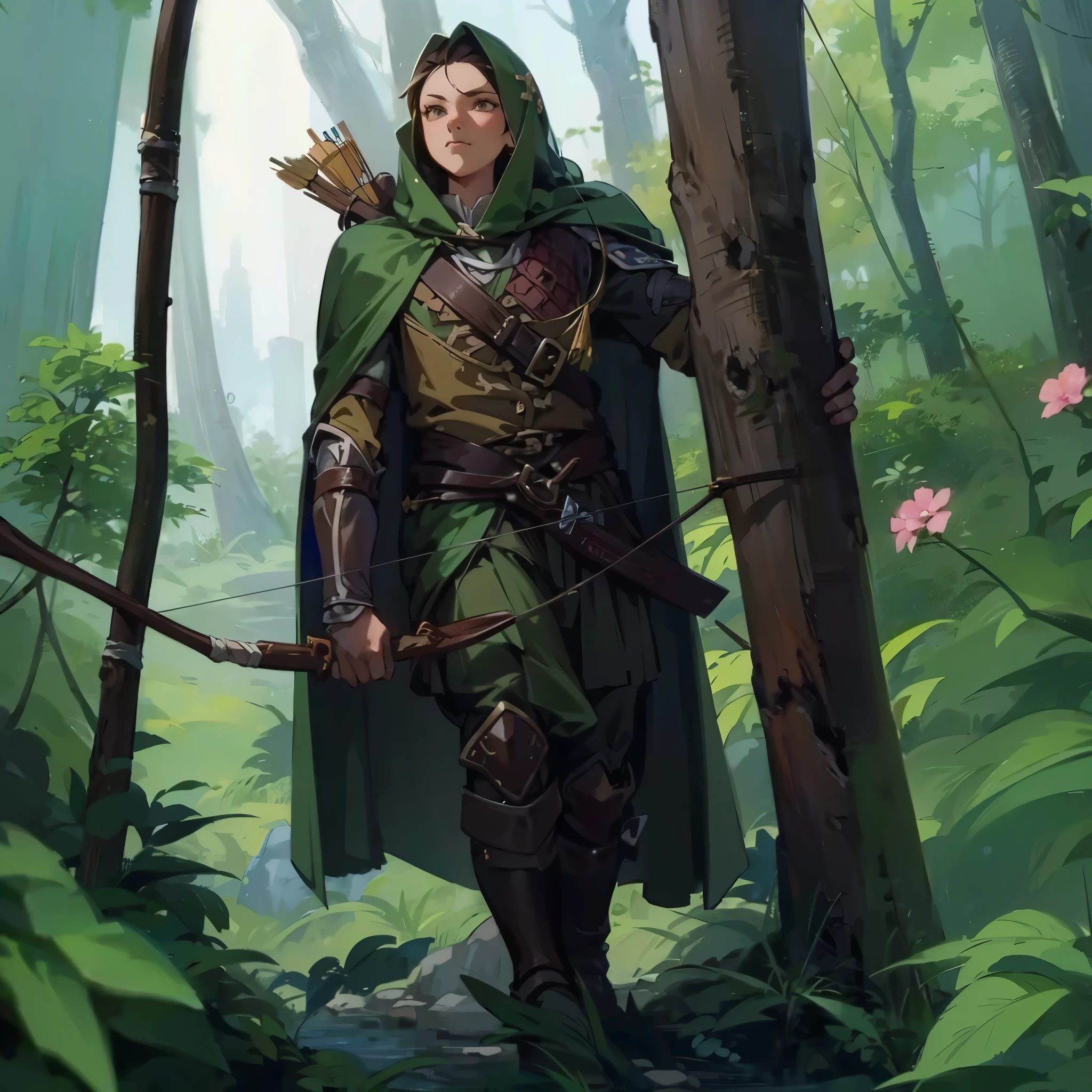 a woman，European medieval archer，Ranger，戴着Ranger帽，Wearing brown and green cloth，Holding a bow and arrow，A quiver hanging from the back，Stand in the forest。Medium shot composition，full body pictures，Characters and scenes，Anime illustration style，watercolor style，HD，4K。