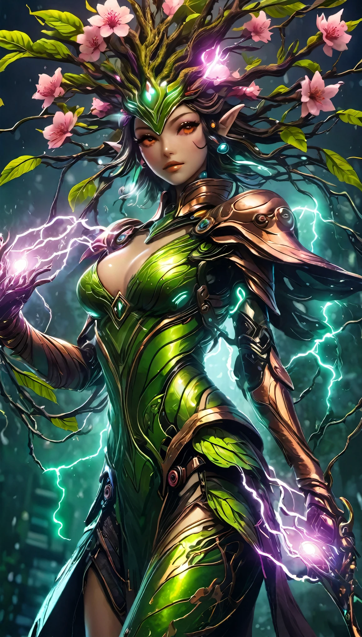 (Rainha),(Cyberpunk Treeman),metal foil,Ramo com fio,eyepiece mechanical shell with bright light,casca coberta de musgo,roupa de tribo,figura majestosa,(marcas tribais antigas),Control the tendrils that extend from the arms,Neon lights dance on the body,(Lightning around branches and leaves),(peach blossom),The petals are soft and delicate,cores vibrantes,(Uma mistura harmoniosa de verde e rosa),(ominous dark clouds in the sky),atmosfera noturna,Um futurista,cores vibrantes and high-contrast lighting,Shadows and Dramatic Enhancements.(Melhor qualidade, 4K, 8k, obra-prima: 1.2), ultra-detalhado, (real, Atire de verdade, Atire de verdade: 1.37)
