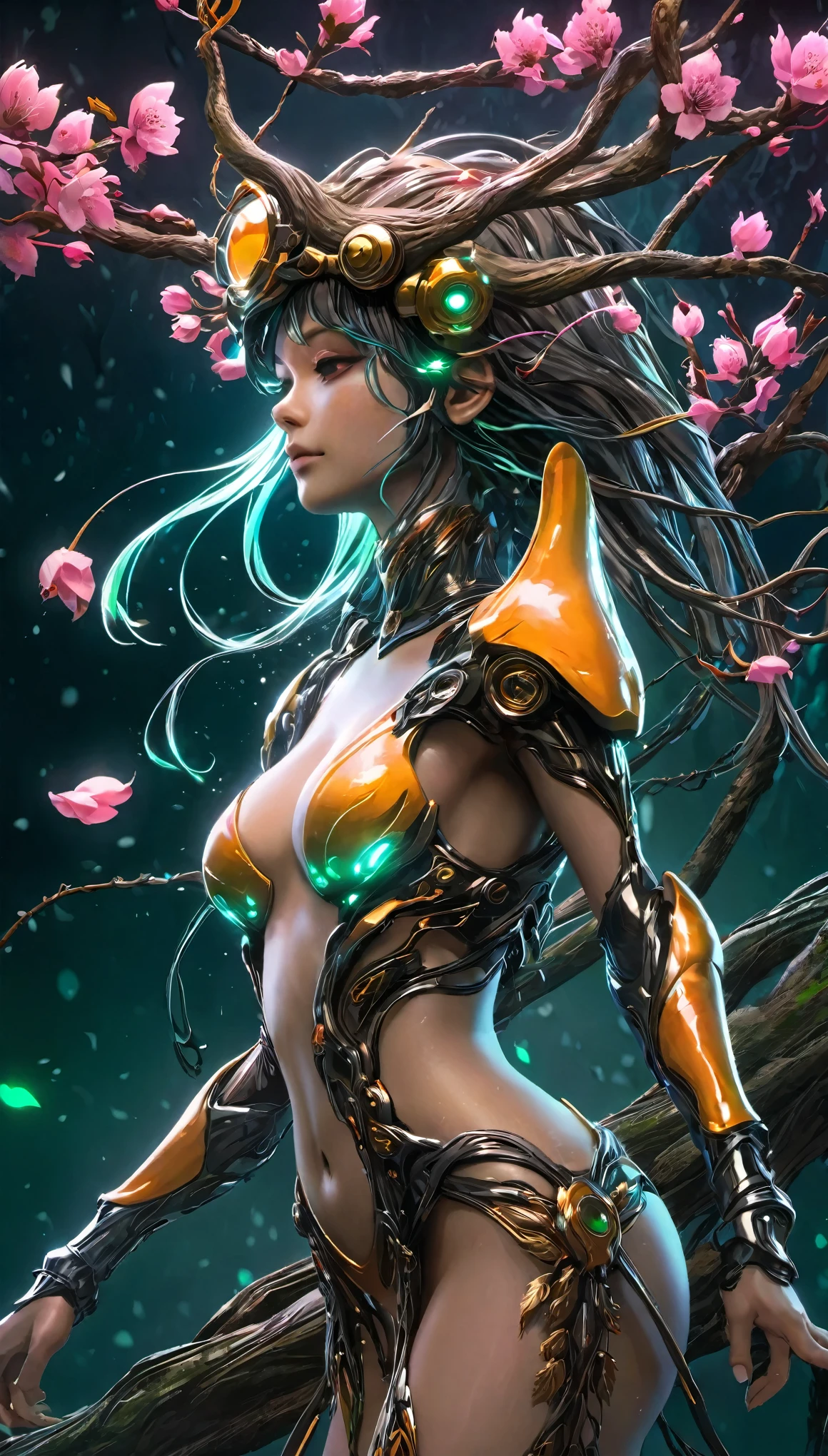(Rainha),(Cyberpunk Treeman),metal foil,Ramo com fio,eyepiece mechanical shell with bright light,casca coberta de musgo,roupa de tribo,figura majestosa,(marcas tribais antigas),Control the tendrils that extend from the arms,Neon lights dance on the body,(Lightning around branches and leaves),(peach blossom),The petals are soft and delicate,cores vibrantes,(Uma mistura harmoniosa de verde e rosa),(ominous dark clouds in the sky),atmosfera noturna,Um futurista,cores vibrantes and high-contrast lighting,Shadows and Dramatic Enhancements.(Melhor qualidade, 4K, 8k, obra-prima: 1.2), ultra-detalhado, (real, Atire de verdade, Atire de verdade: 1.37)