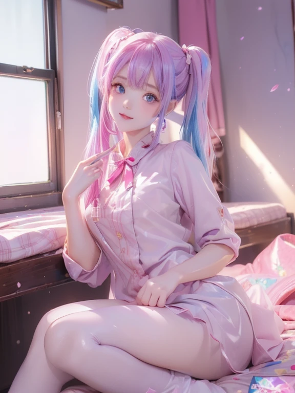 big butt、 (alone:1.5,)Super detailed,明るいcolor, very beautiful detailed anime face and eyes, look straight,  shiny_skin,girl, (((虹colorの髪, colorful hair, Half blue、half pink hair: 1.2)))、shiny hair, delicate beautiful face, blush、(turquoise eyes), White skin, Valletta, cute earrings,、Lady's room、on the red bed、Sunset shines through the window、(((Floral、黄color、purple、blouse、Floral、checked skirt,)))、twin tails、smile、happy face、face dyed red、color々pose、