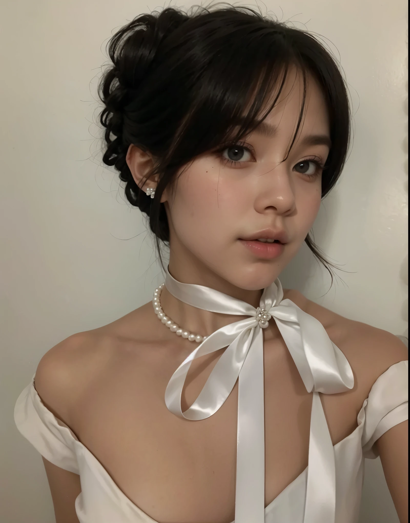 There's a woman in a white dress and a white link, gargantilha de pearls, usando gargantilha, penteado com corte hime branco, pearls, franja branca, fita no cabelo, colar de piercings, inspirado em Louis Le Nain, Ulzzang, link, with pearl earring, colar de pearls, Shikamimi, pearls and chains, Bela Delfina