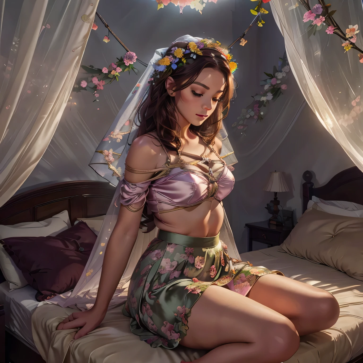 1girl,(bright lighting,romantic setting),dreamy background,,dark hair, mesmerizing gaze, , soft skin, alluring beauty, artistic portrait, high-quality image, vibrant colors,long floral satin skirt, mosquito net, romantic bedroom, sidesuspension,solobound,veil,barefoot