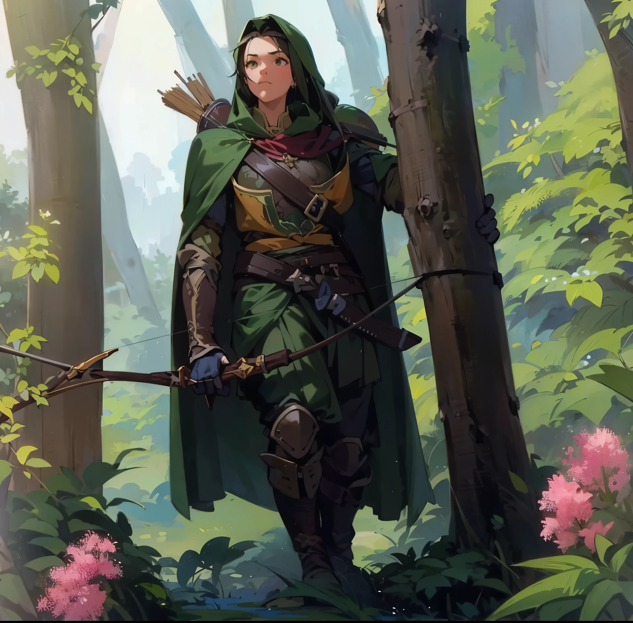 a woman,European medieval archer,Ranger,戴着Ranger帽,Wearing brown and green cloth,Holding a bow and arrow,A quiver hanging from the back,Stand in the forest。Medium shot composition,full body pictures,Characters and scenes,Anime illustration style,watercolor style,HD,4K。