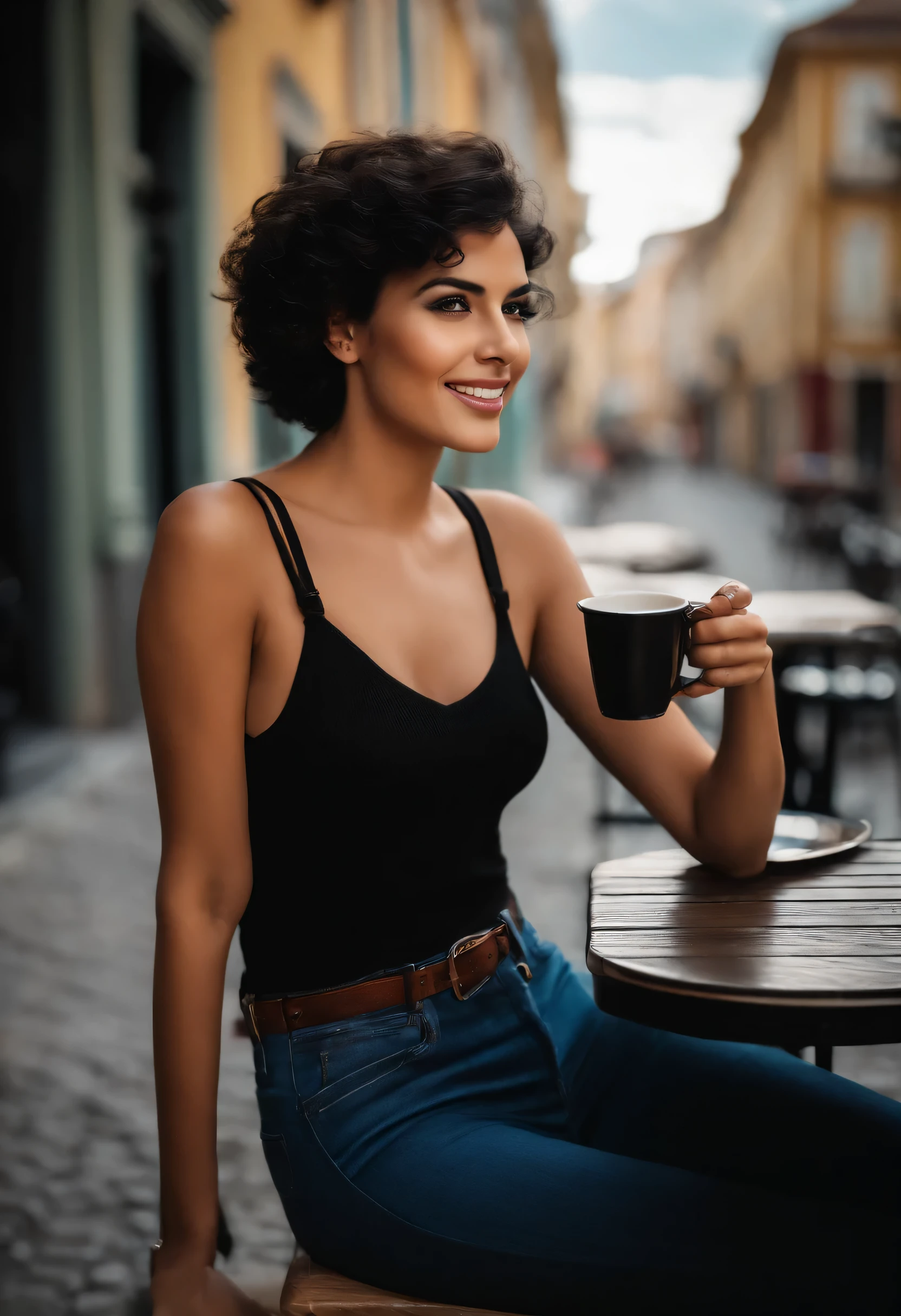 Beautiful Brazilian woman sitting and drinking coffee outside the street in a small cafe, rosto bonito, Short black hair to the back of the head, olhos castanhos e sombra pesada, Vestindo jeans e uma camisa polo preta, grande estilo de moda, looking at you with loving eyes and a soft smile, The background is a European city downtown, fundo desfocado, profundidade de campo rasa, cinematic light, luz suave, retroiluminado, micro-detalhes, Rendering, fotorrealista, cinematographic, 85 mm 1.4