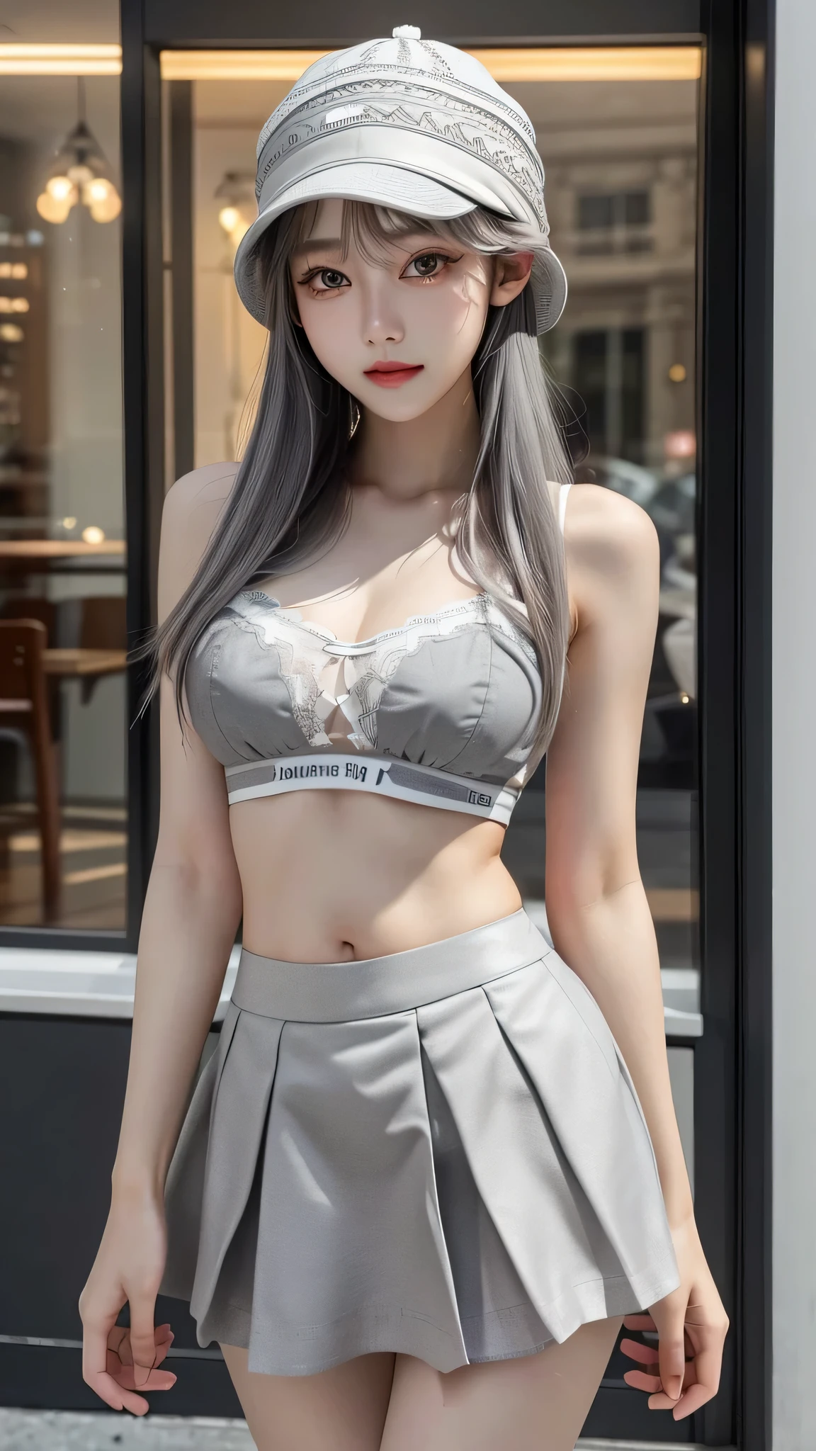 masterpiece, high quality, 最high quality, beautiful, hd, perfect lighting, detailed face, detailed body, 1 girl, alone, (long gray hair), brown eyes, medium breasts, ((white underwear)), ((short gray skirt)), (gray hat), in front of the cafe,