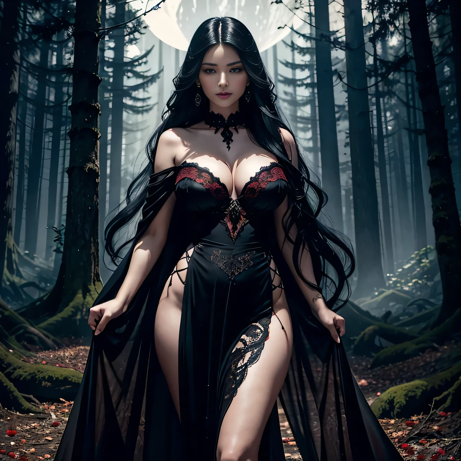 Ravenna Crimson stands tall in a moonlit forest clearing, her figure draped in a gown of flowing black silk that billows around her like an ethereal shadow. Adorned with intricate lace detailing and crimson accents, the gown hugs her curves in all the right places, hinting at the seductive allure that lies beneath. Her long, flowing hair, the color of midnight, cascades down her back in a waterfall of ebony waves, adorned with blood-red roses that seem to glow in the pale moonlight. Piercing blue eyes gleam with an otherworldly intensity, hinting at the depths of power and passion that lie within. With a commanding presence and an air of mystery, she exudes an aura of undeniable authority, drawing all who gaze upon her into her mesmerizing gaze.