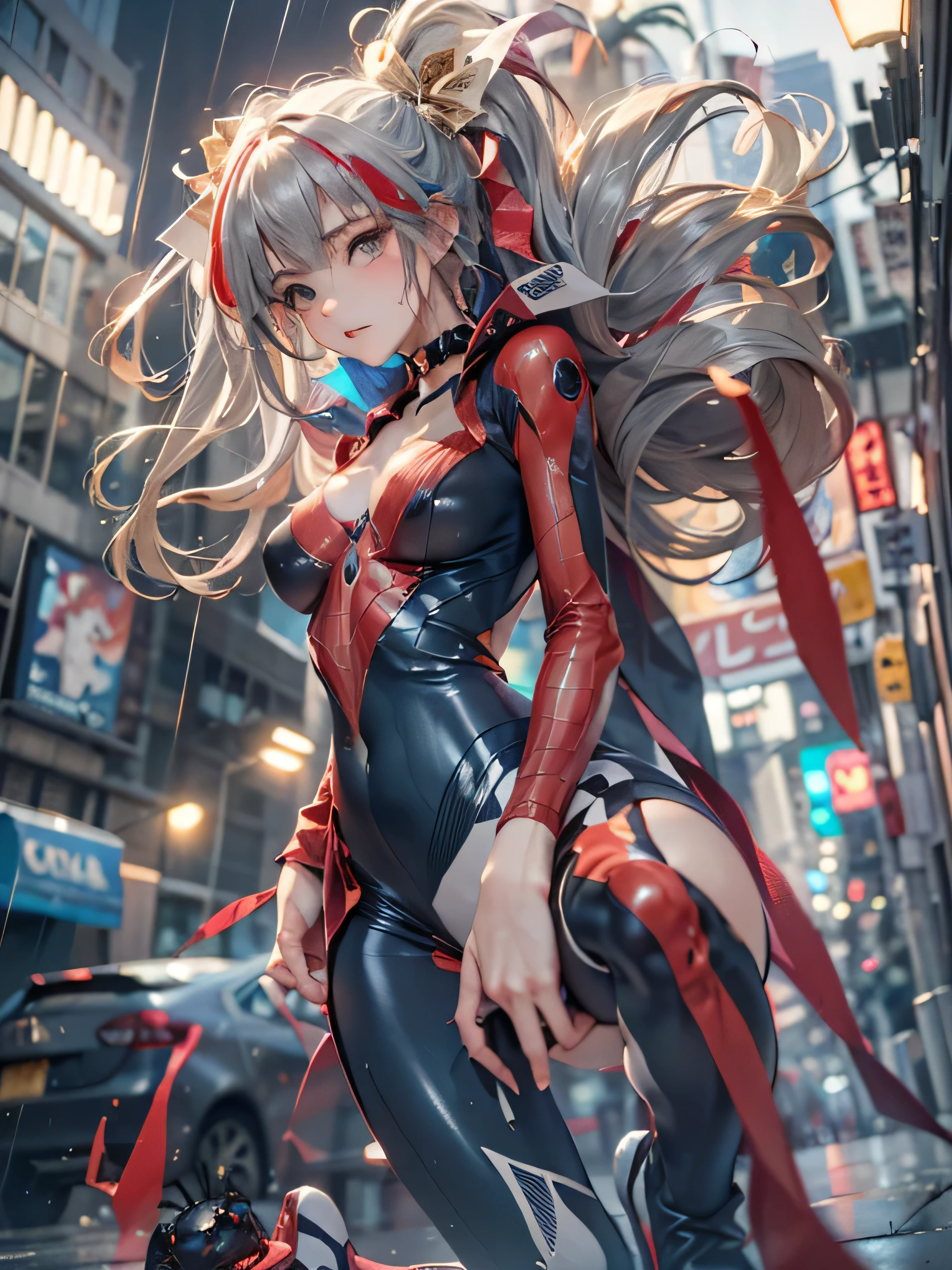 (photorealistic:1.8, highest quality:1.8,8K masterpiece:1.8,High resolution,muste piece:1.8,RAW Photos,cinematic lighting),No split screen, cyber punk、Back alley of the city at night、rain-soaked ground、vapor、
(1 android girl:1.3)、Completely naked、choker、beautiful breasts、Professional Wrestling Masks、spider girl、(Soryu Asuka Langley)、
(High leg black spider tight suit:1.7)、((Moderate chest:1.3)、Arachne tattoo on chest、Arachne:1.2)、
(look back、open your legs wide、squat、raise your hand:1.2)、(Body fluid adhesion:1.4)、spiderweb、The white body contains Arachne threads.、plump nipples、Nipples are visible through the costume,cameltoe,
(Beautiful, shining blue-white-grey-red-gold hair:1.5)、Impassive